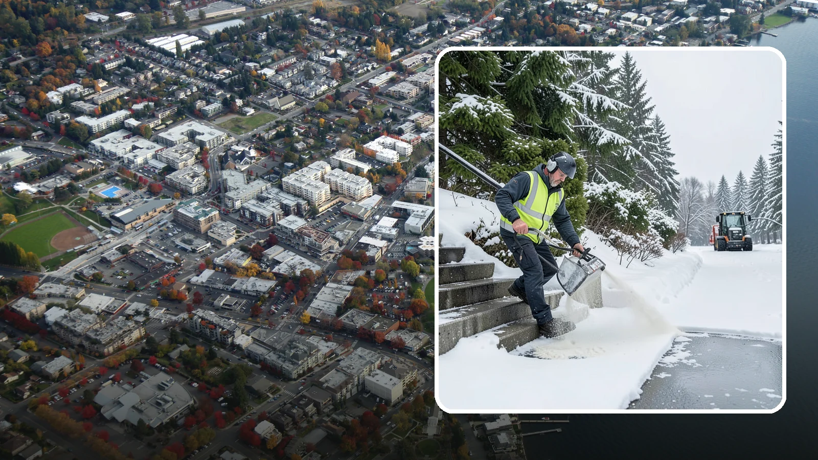 Stairs Deicing in Kirkland, King County, WA - Deicing of exterior stairs to clear the invisible glaze that makes steps the most fall-prone surface in a freeze.