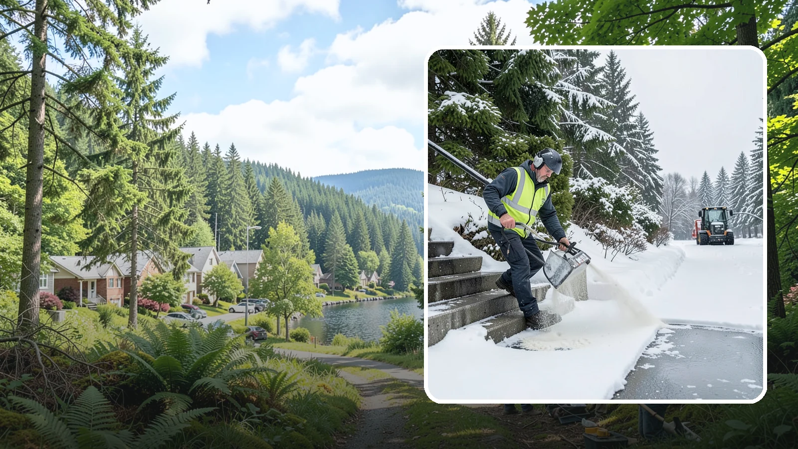 Stairs Deicing in Lake Forest Park, King County, WA - Deicing of exterior stairs to clear the invisible glaze that makes steps the most fall-prone surface in a freeze.
