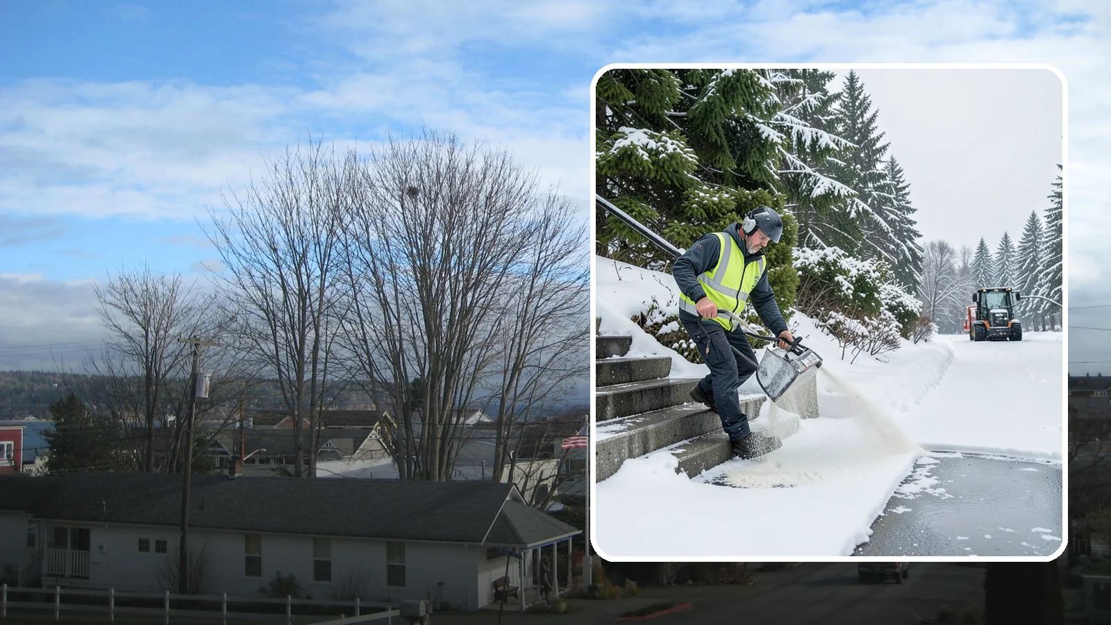 Stairs Deicing in Langley, Island County, WA - Deicing of exterior stairs to clear the invisible glaze that makes steps the most fall-prone surface in a freeze.