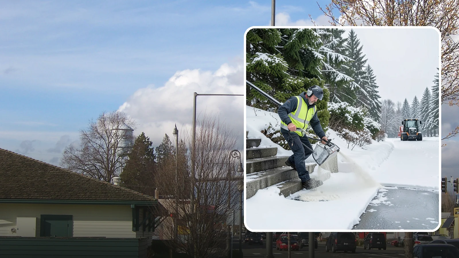 Stairs Deicing in Marysville, Snohomish County, WA - Deicing of exterior stairs to clear the invisible glaze that makes steps the most fall-prone surface in a freeze.