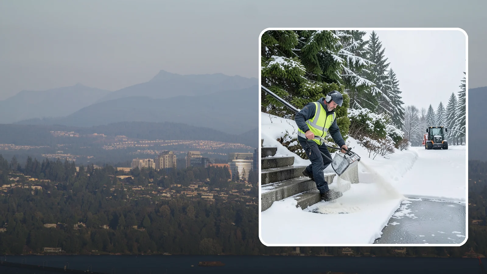 Stairs Deicing in Medina, King County, WA - Deicing of exterior stairs to clear the invisible glaze that makes steps the most fall-prone surface in a freeze.