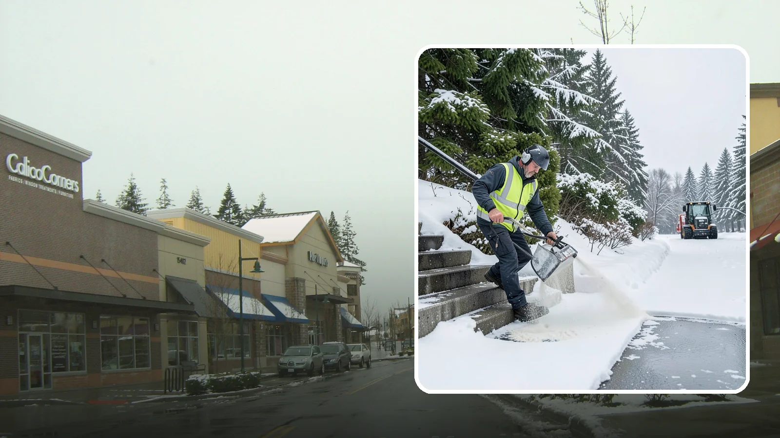 Stairs Deicing in Mill Creek, Snohomish County, WA - Deicing of exterior stairs to clear the invisible glaze that makes steps the most fall-prone surface in a freeze.