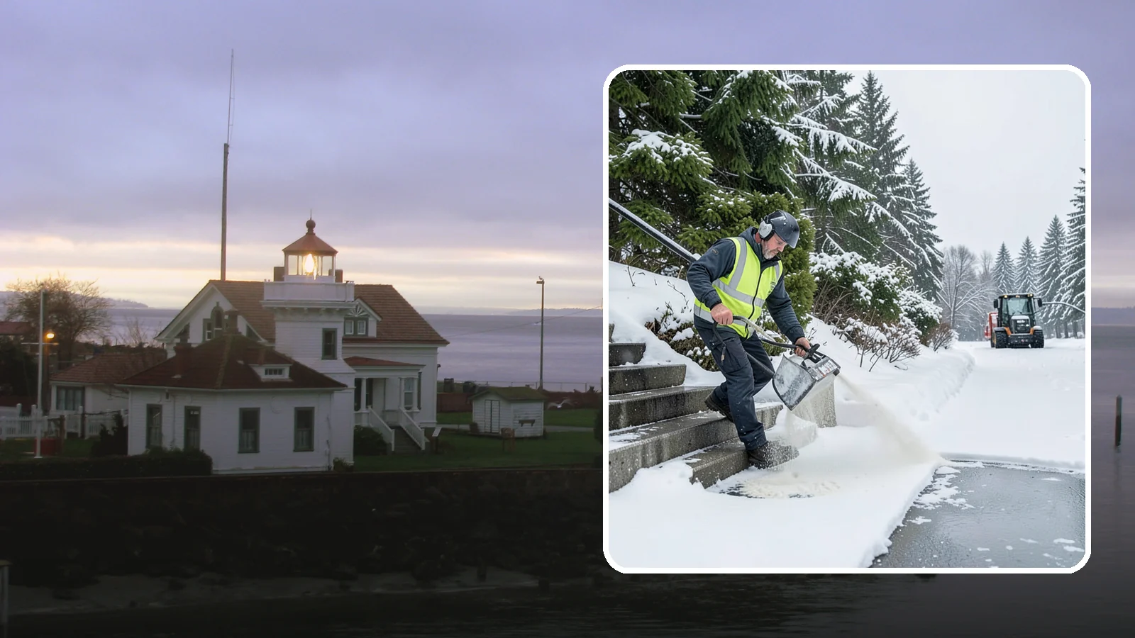 Stairs Deicing in Mukilteo, Snohomish County, WA - Deicing of exterior stairs to clear the invisible glaze that makes steps the most fall-prone surface in a freeze.