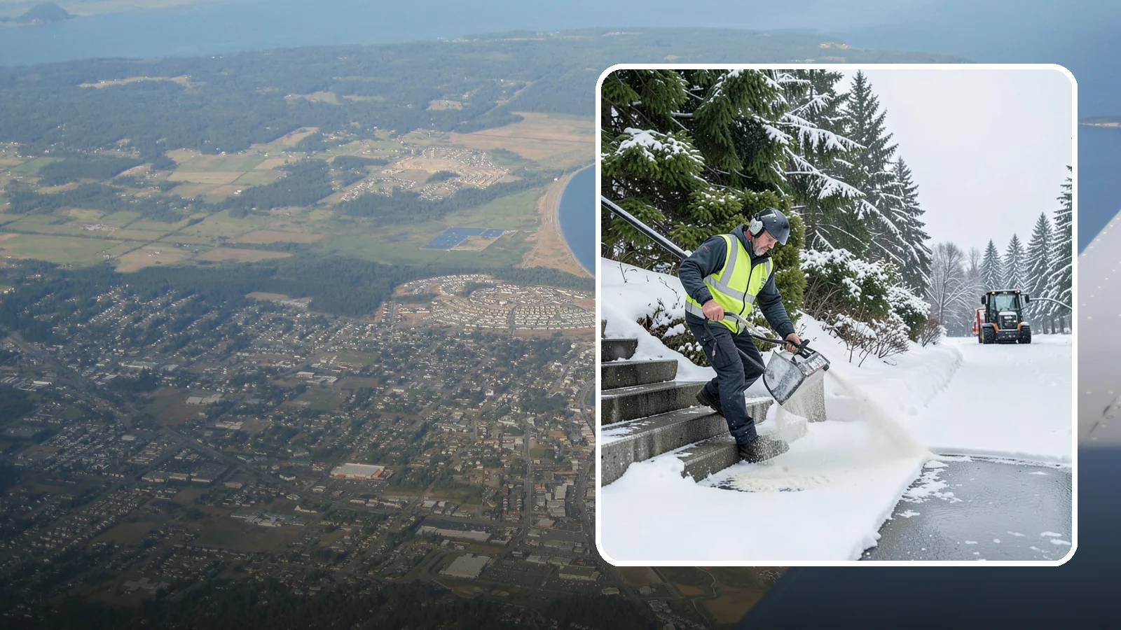 Stairs Deicing in Oak Harbor, Island County, WA - Deicing of exterior stairs to clear the invisible glaze that makes steps the most fall-prone surface in a freeze.