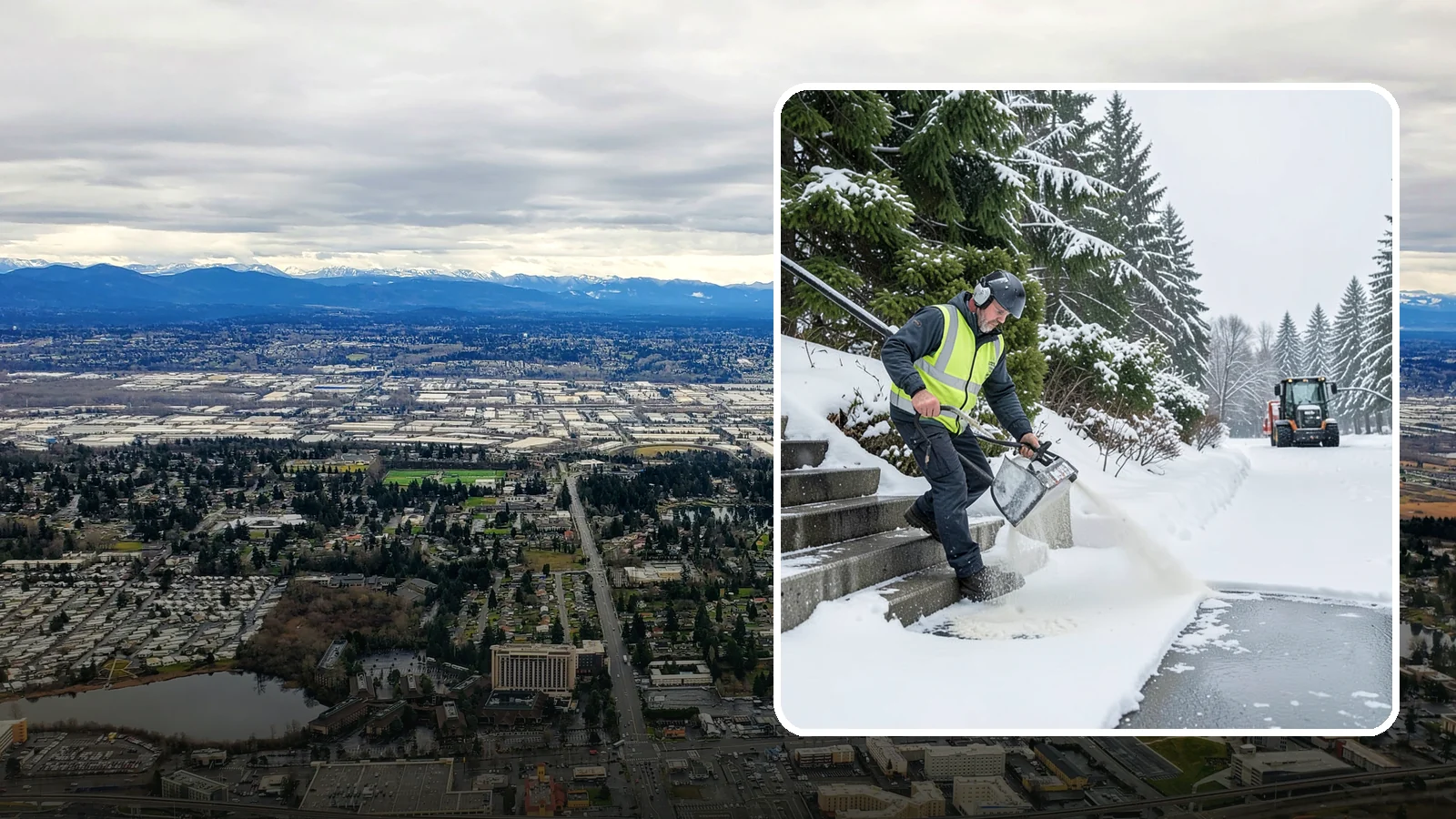 Stairs Deicing in SeaTac, King County, WA - Deicing of exterior stairs to clear the invisible glaze that makes steps the most fall-prone surface in a freeze.
