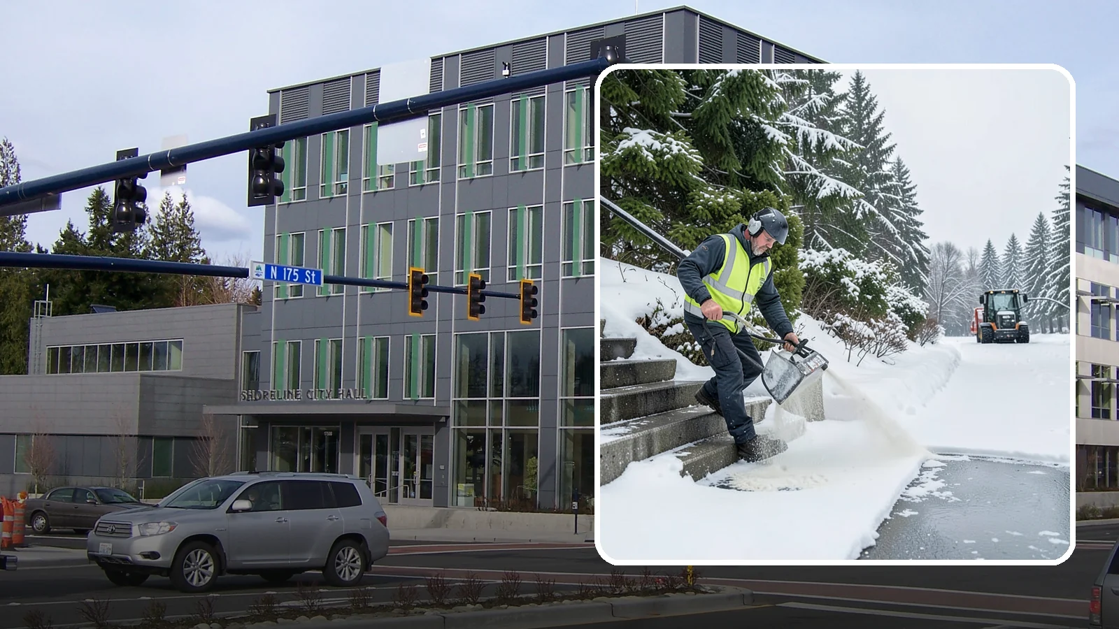 Stairs Deicing in Shoreline, King County, WA - Deicing of exterior stairs to clear the invisible glaze that makes steps the most fall-prone surface in a freeze.