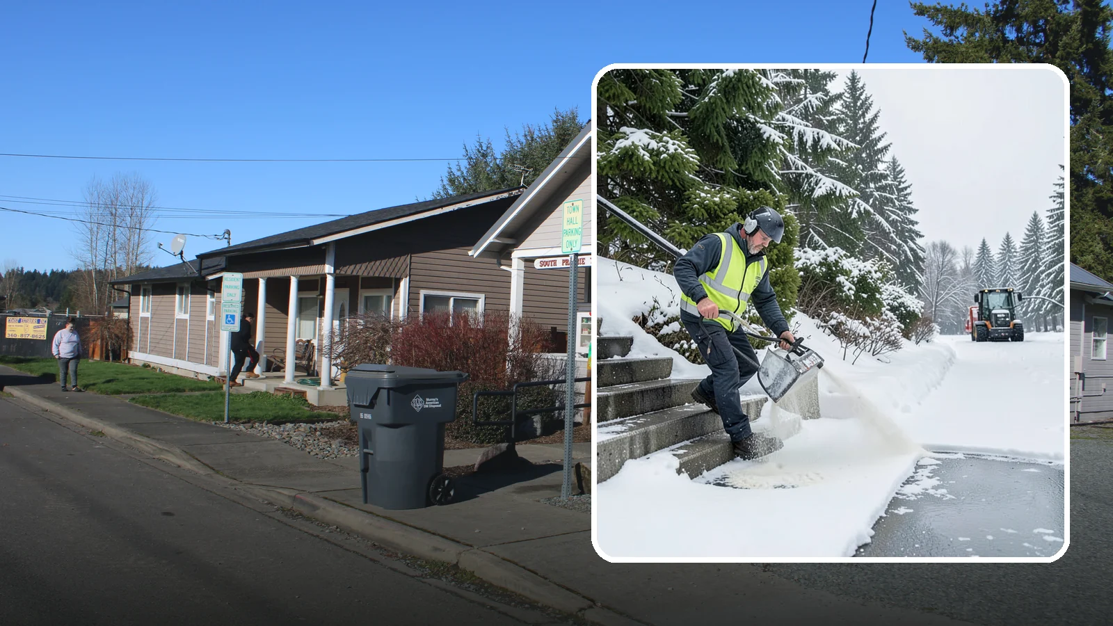 Stairs Deicing in South Prairie, Pierce County, WA - Deicing of exterior stairs to clear the invisible glaze that makes steps the most fall-prone surface in a freeze.