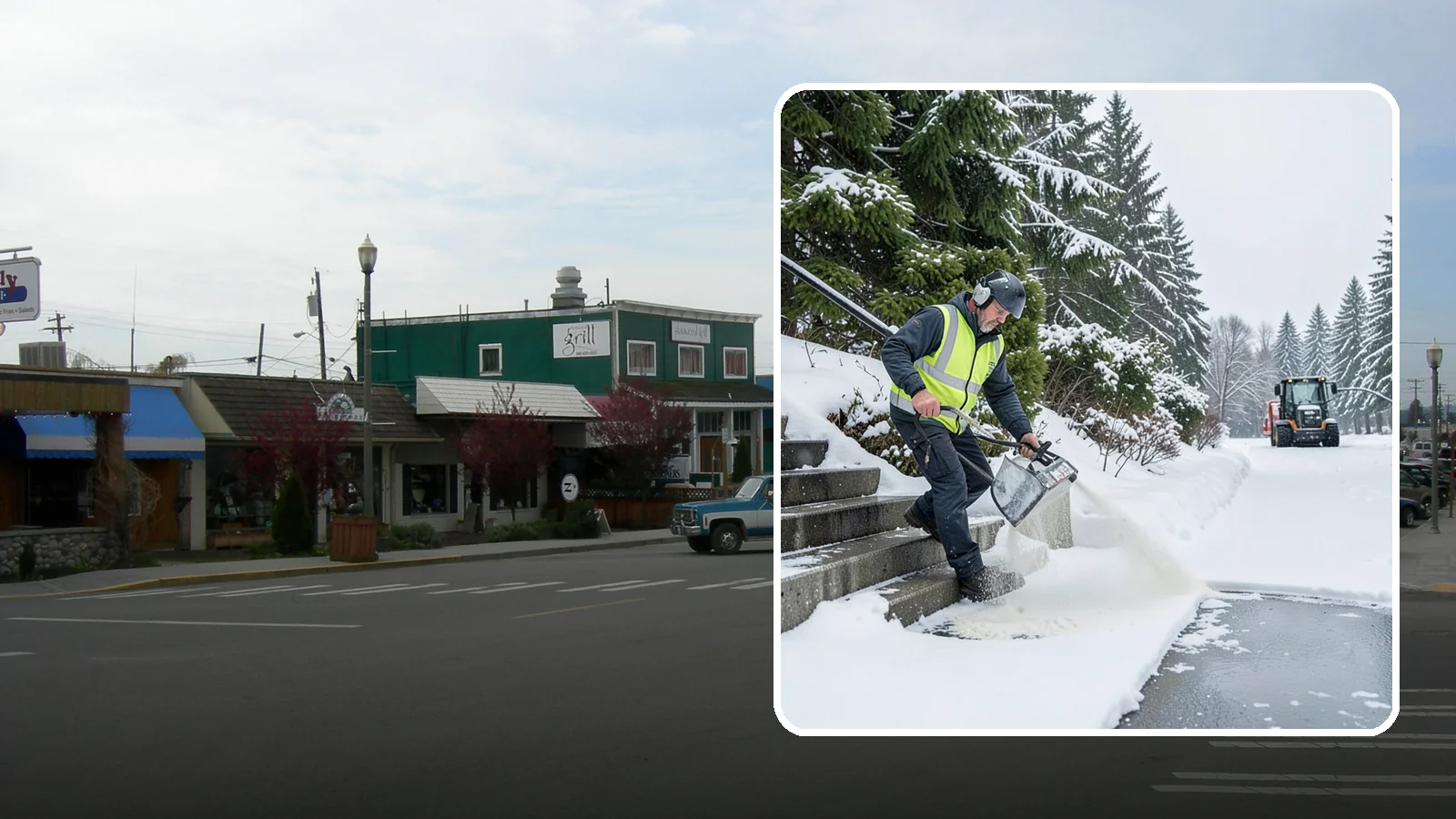 Stairs Deicing in Stanwood, Snohomish County, WA - Deicing of exterior stairs to clear the invisible glaze that makes steps the most fall-prone surface in a freeze.