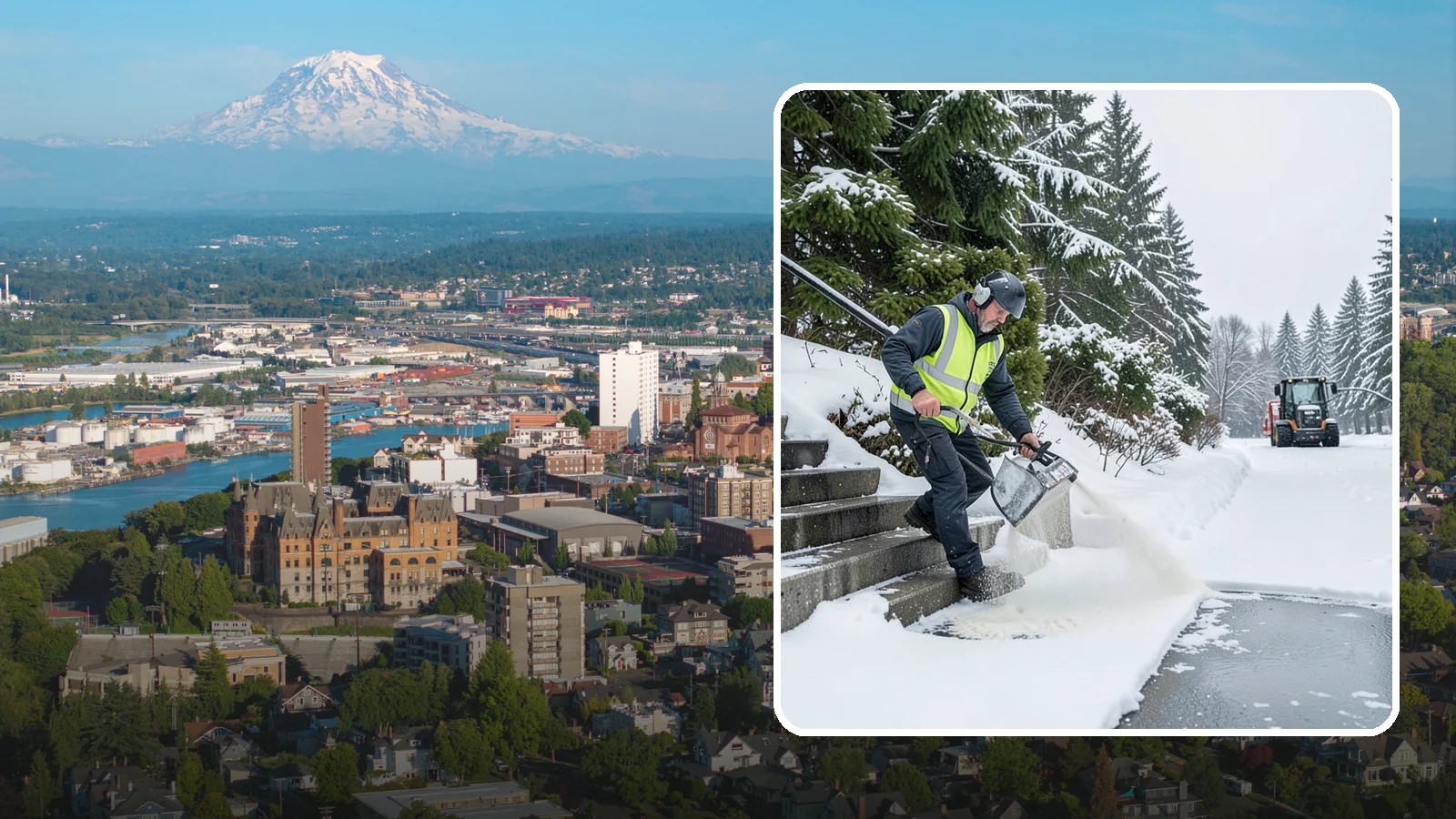 Stairs Deicing in Tacoma, Pierce County, WA - Deicing of exterior stairs to clear the invisible glaze that makes steps the most fall-prone surface in a freeze.