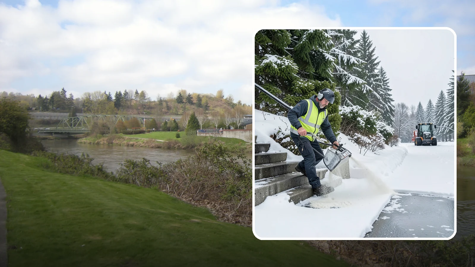 Stairs Deicing in Tukwila, King County, WA - Deicing of exterior stairs to clear the invisible glaze that makes steps the most fall-prone surface in a freeze.