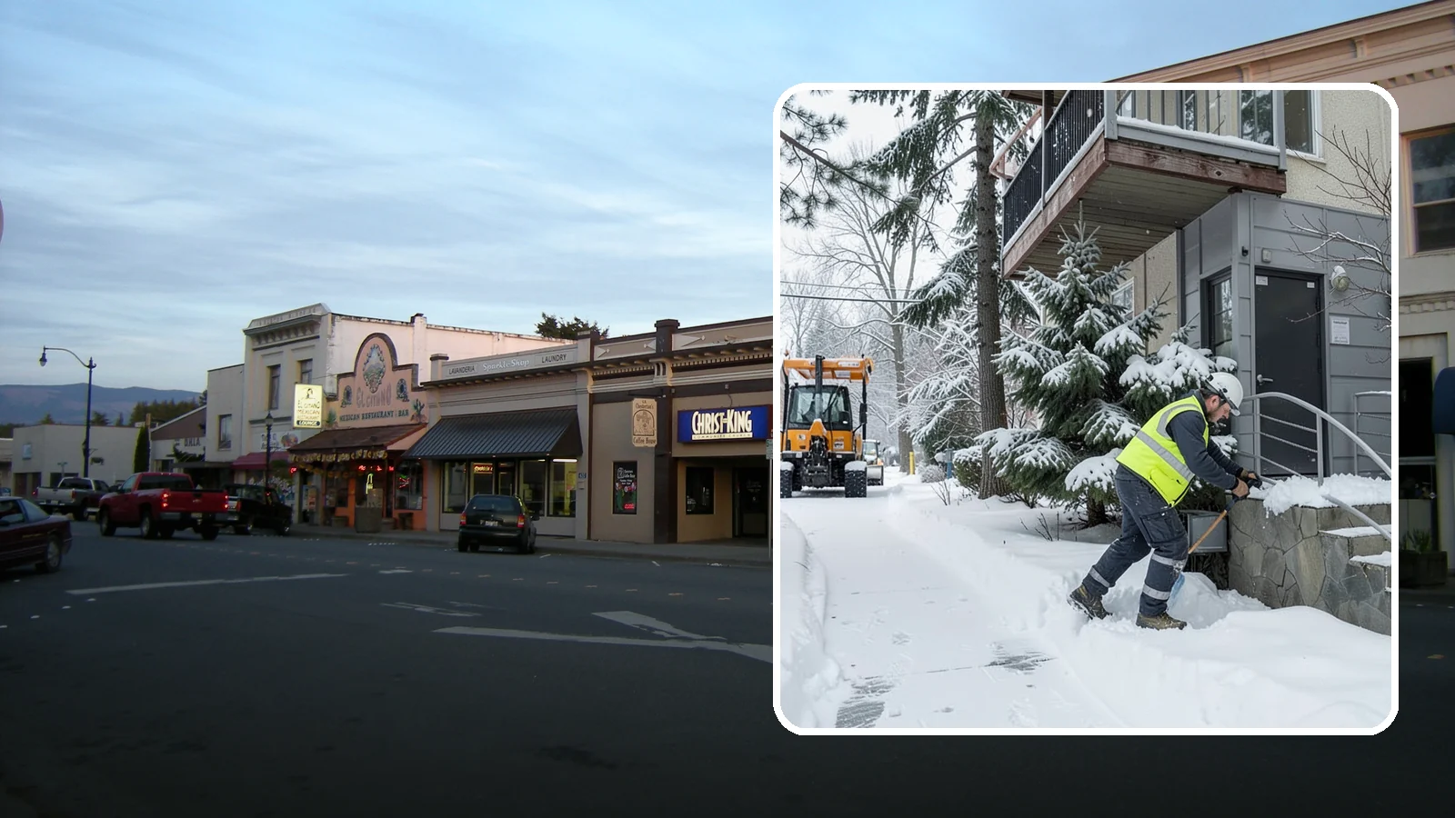 Stairs Snow Removal in Burlington, Skagit County, WA - Step-by-step clearing of exterior stairs where compacted snow and hidden ice create the highest slip risk on any property.