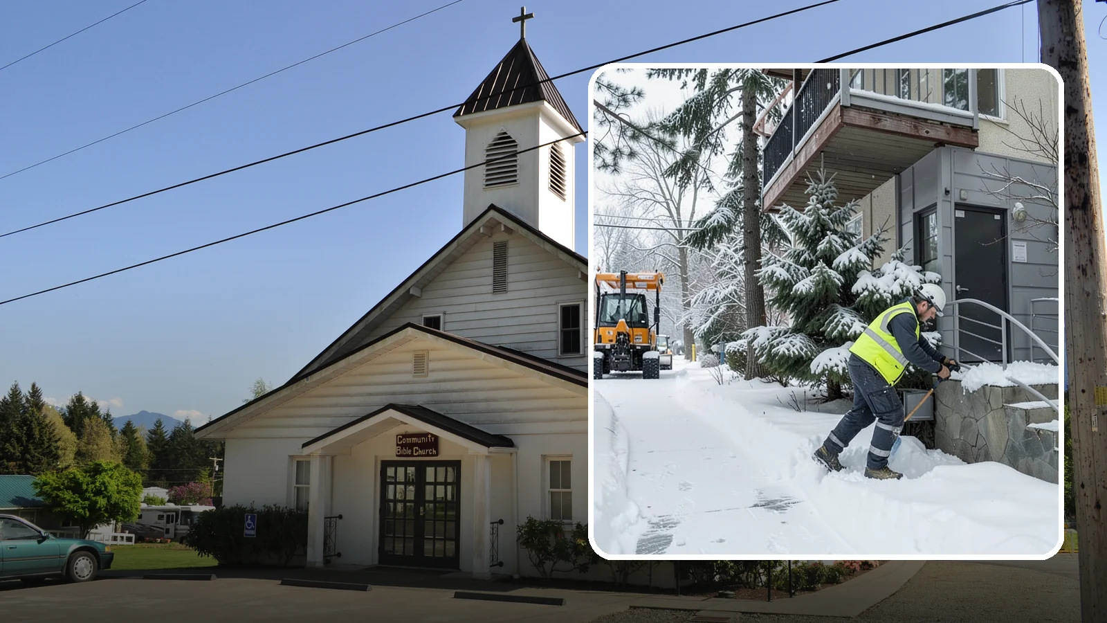 Stairs Snow Removal in Concrete, Skagit County, WA - Step-by-step clearing of exterior stairs where compacted snow and hidden ice create the highest slip risk on any property.