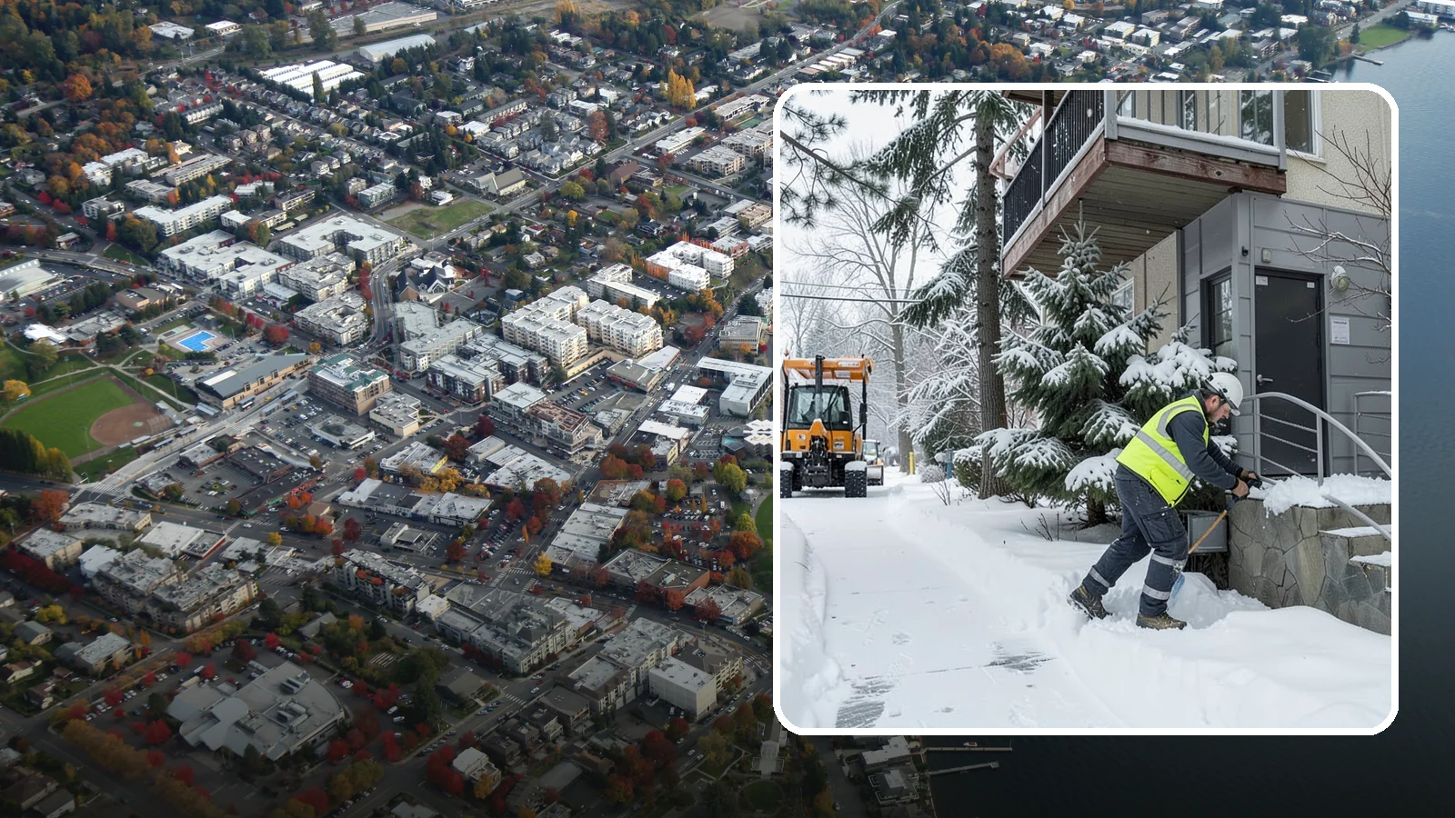 Stairs Snow Removal in Kirkland, King County, WA - Step-by-step clearing of exterior stairs where compacted snow and hidden ice create the highest slip risk on any property.