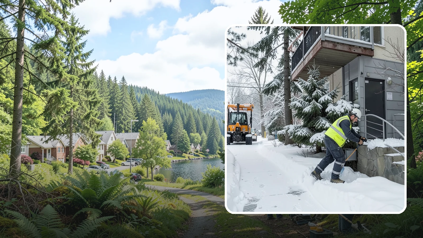 Stairs Snow Removal in Lake Forest Park, King County, WA - Step-by-step clearing of exterior stairs where compacted snow and hidden ice create the highest slip risk on any property.