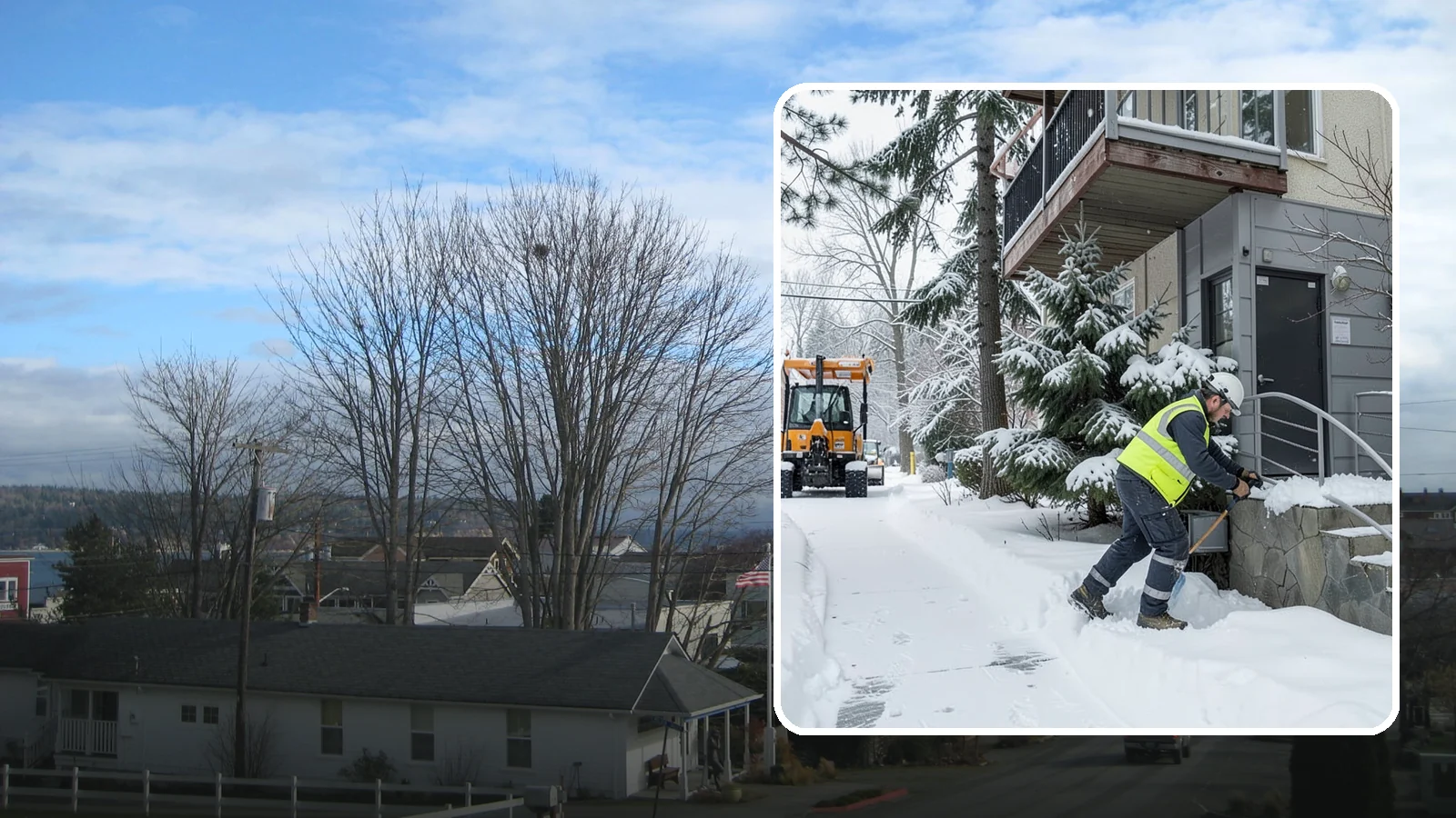 Stairs Snow Removal in Langley, Island County, WA - Step-by-step clearing of exterior stairs where compacted snow and hidden ice create the highest slip risk on any property.
