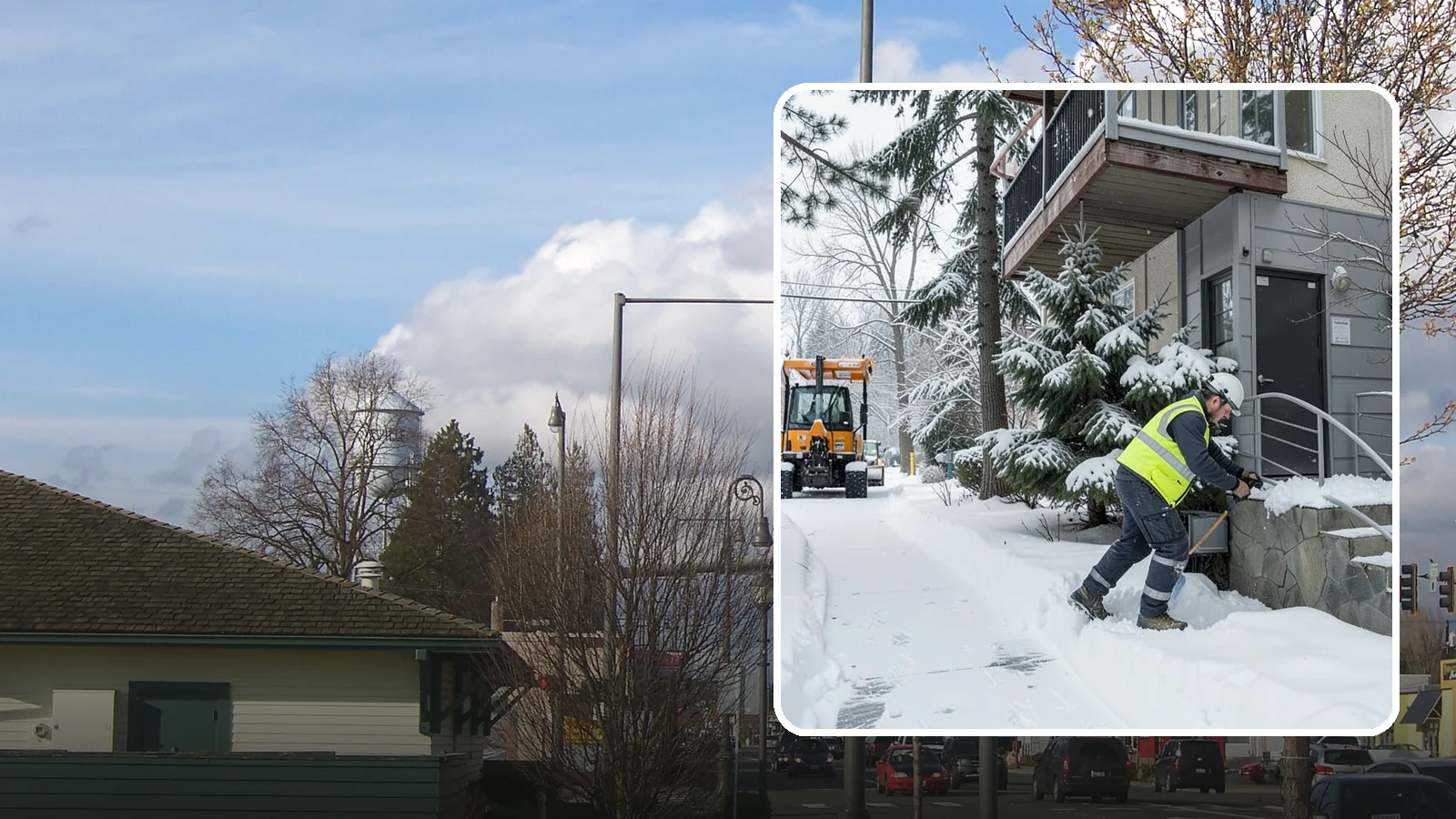 Stairs Snow Removal in Marysville, Snohomish County, WA - Step-by-step clearing of exterior stairs where compacted snow and hidden ice create the highest slip risk on any property.