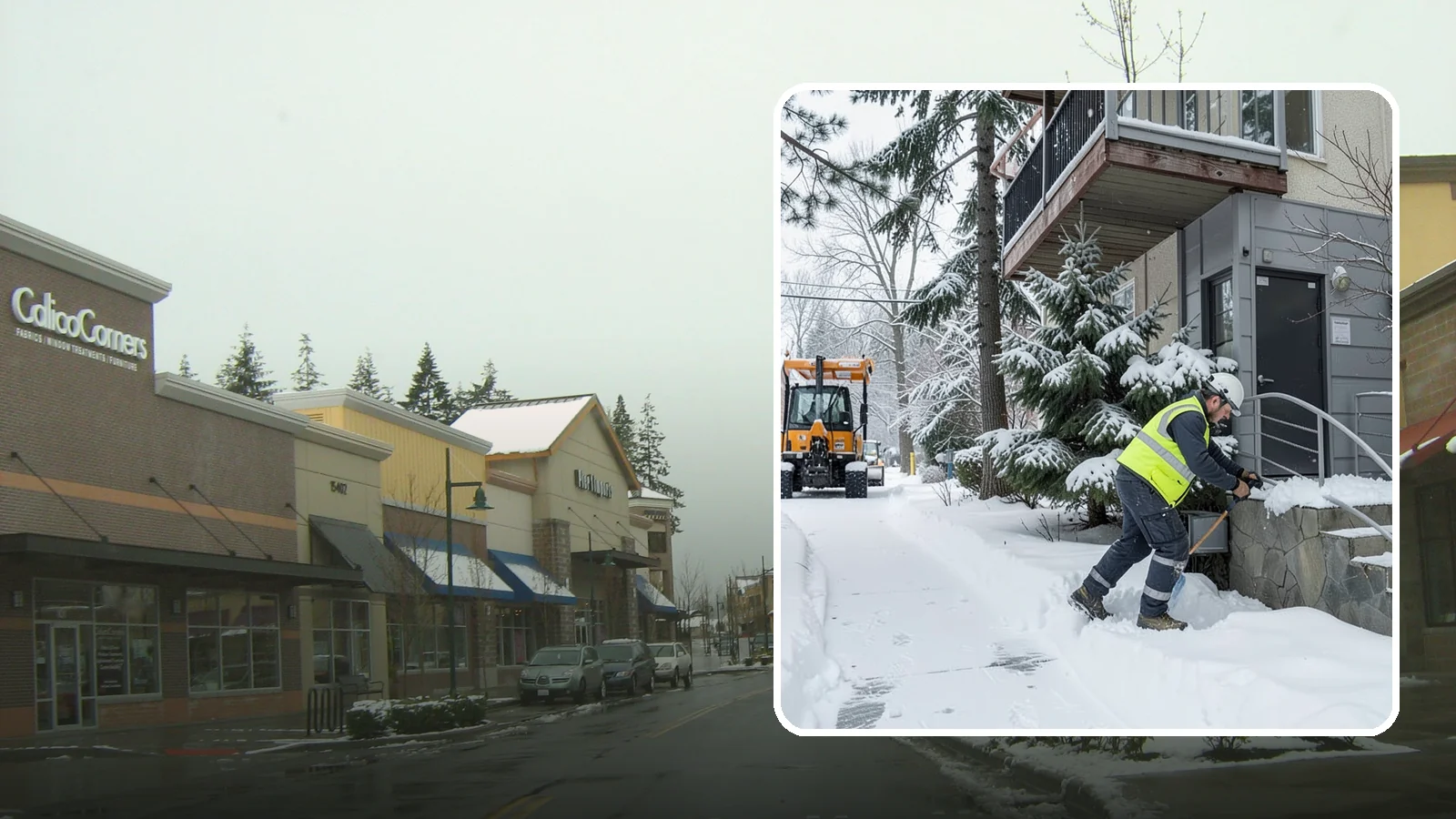 Stairs Snow Removal in Mill Creek, Snohomish County, WA - Step-by-step clearing of exterior stairs where compacted snow and hidden ice create the highest slip risk on any property.