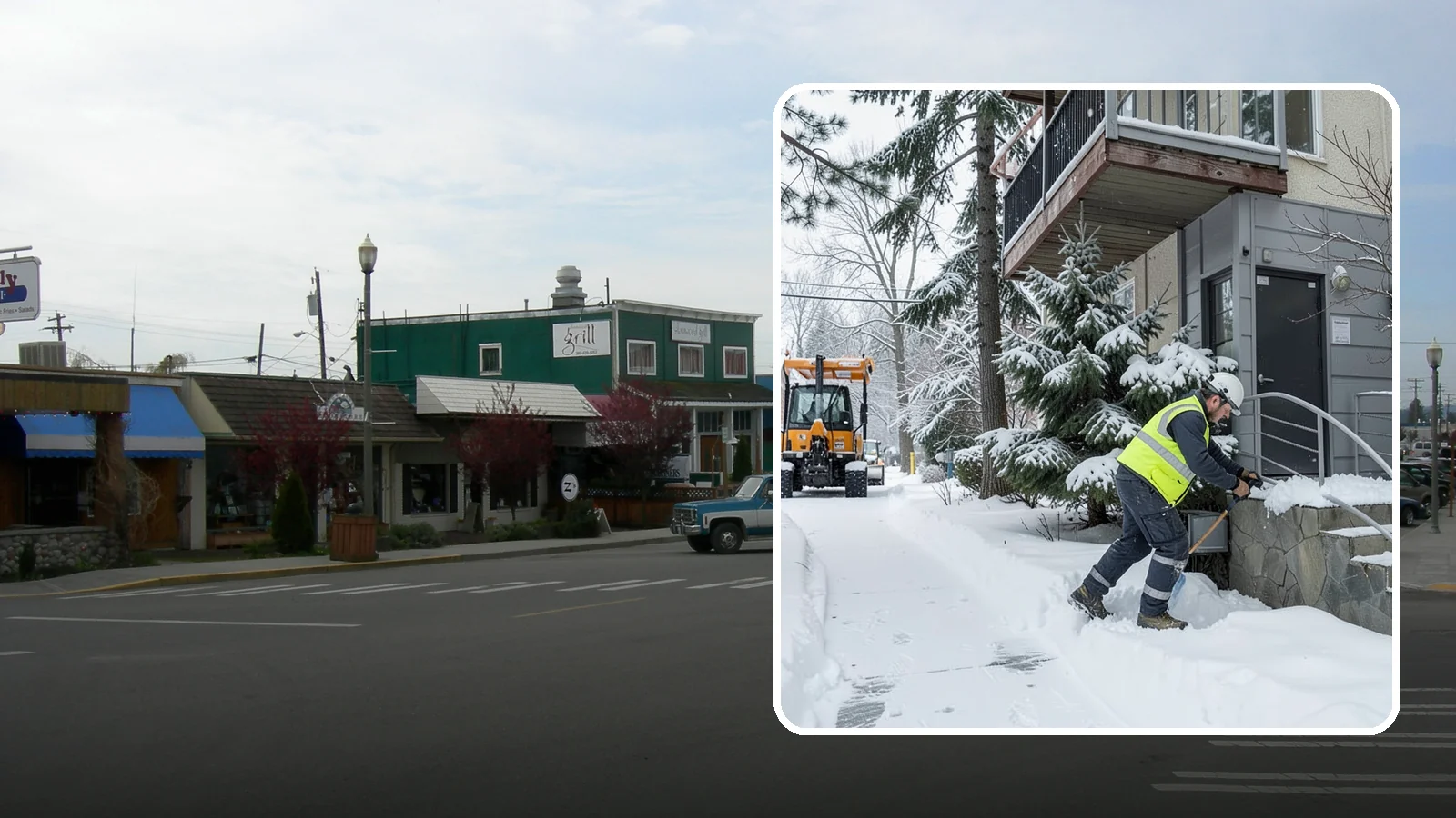 Stairs Snow Removal in Stanwood, Snohomish County, WA - Step-by-step clearing of exterior stairs where compacted snow and hidden ice create the highest slip risk on any property.