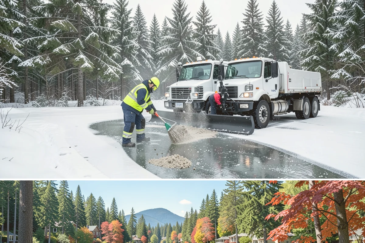 Steep Driveway Snow Removal in Covington, King County, WA - Steep drives need clearing and traction treatment with every snowfall and especially during the refreeze that follows each thaw.
