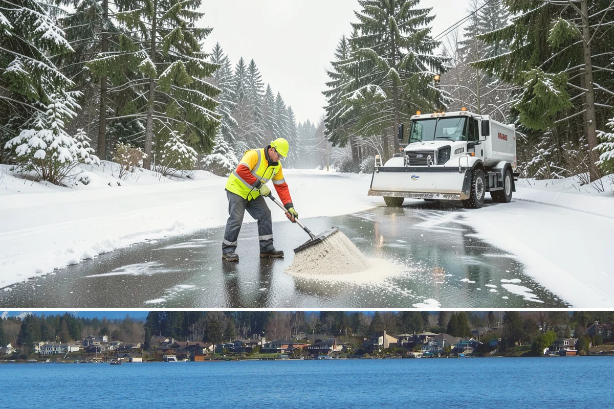 Steep Driveway Snow Removal in Lake Stevens, Snohomish County, WA - Steep drives need clearing and traction treatment with every snowfall and especially during the refreeze that follows each thaw.