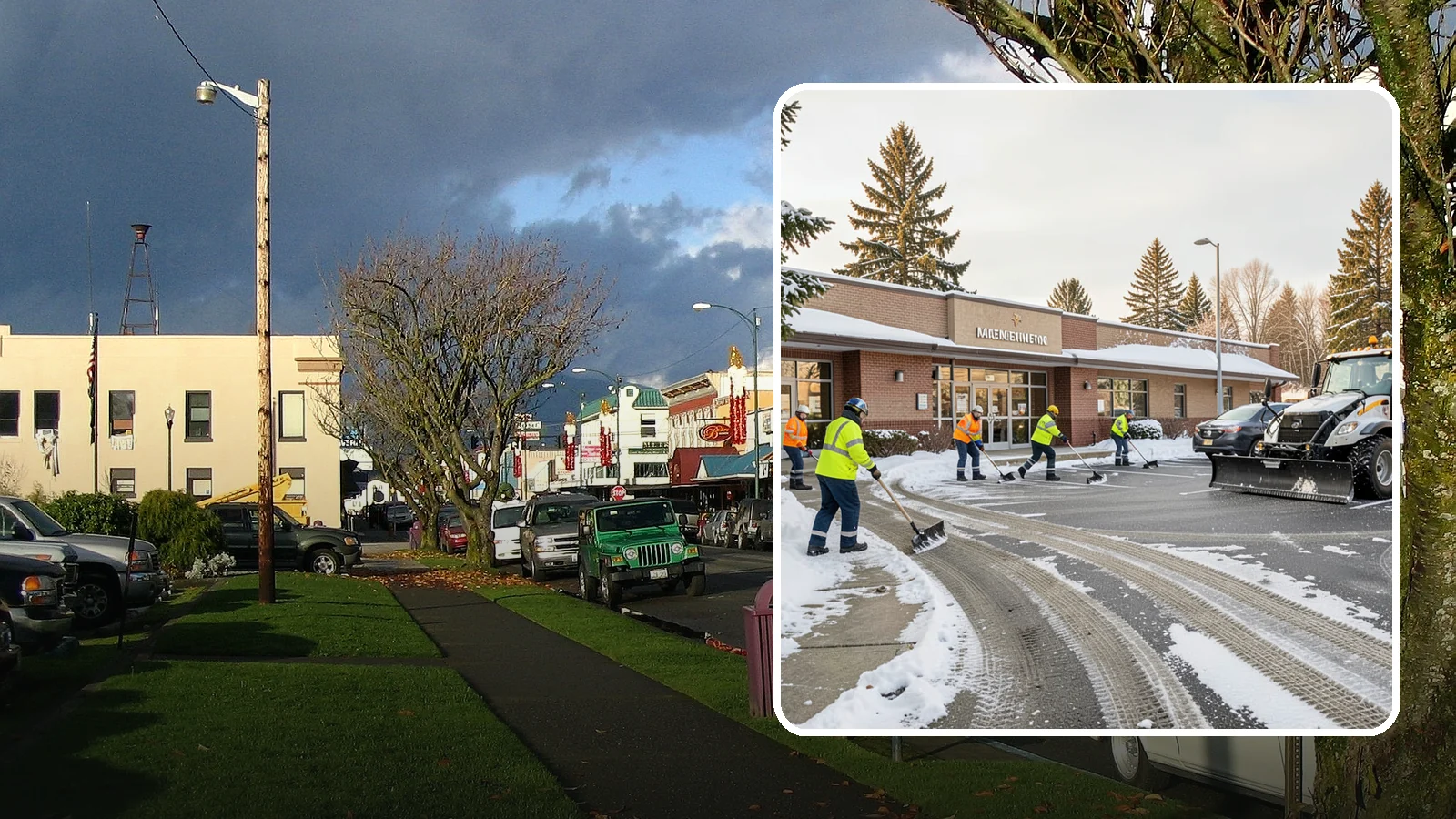 Strip Mall Snow Removal in Arlington, Snohomish County, WA - We keep strip-mall storefronts, shared parking, and sidewalks clear so every tenant's customers can reach the door safely.
