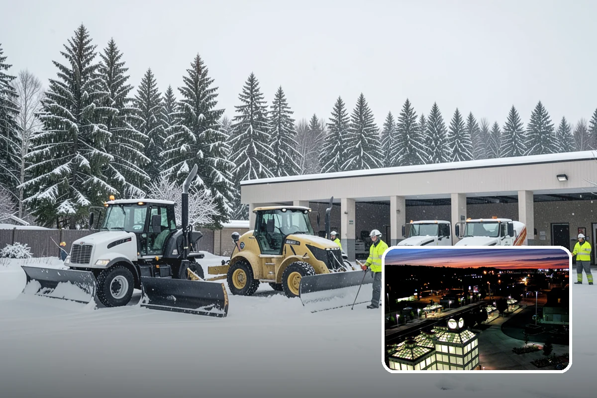 Strip Mall Snow Removal in Auburn, King County, WA - Shared lot and full storefront walkway cleared