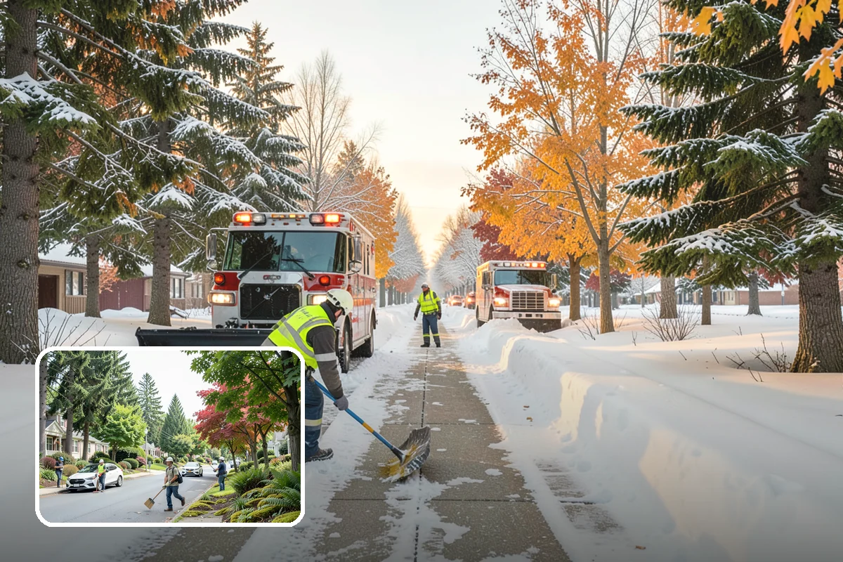 Strip Mall Snow Removal in Beaux Arts Village, King County, WA - Shared lot and full storefront walkway cleared