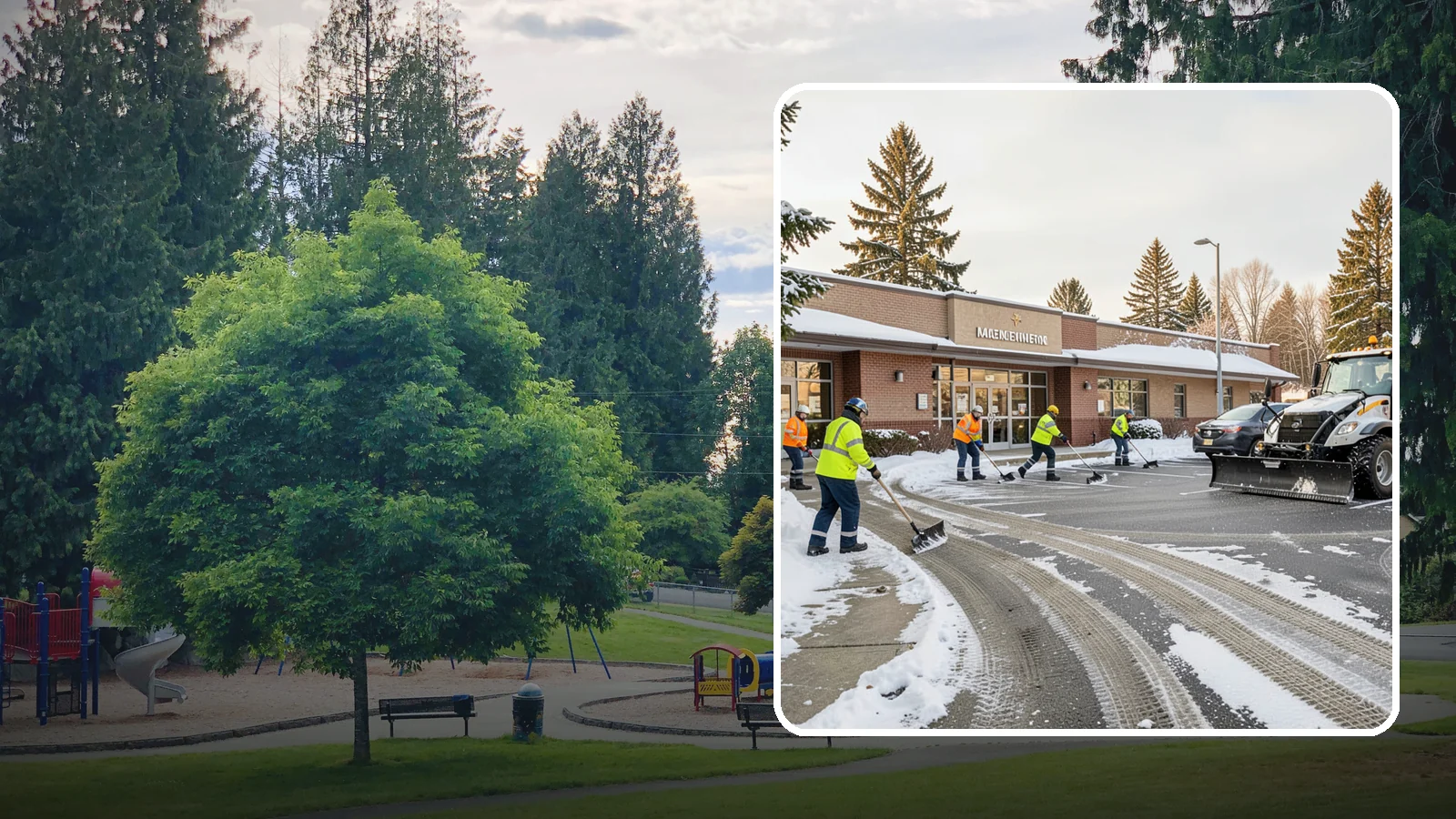 Strip Mall Snow Removal in Bonney Lake, Pierce County, WA - We keep strip-mall storefronts, shared parking, and sidewalks clear so every tenant's customers can reach the door safely.