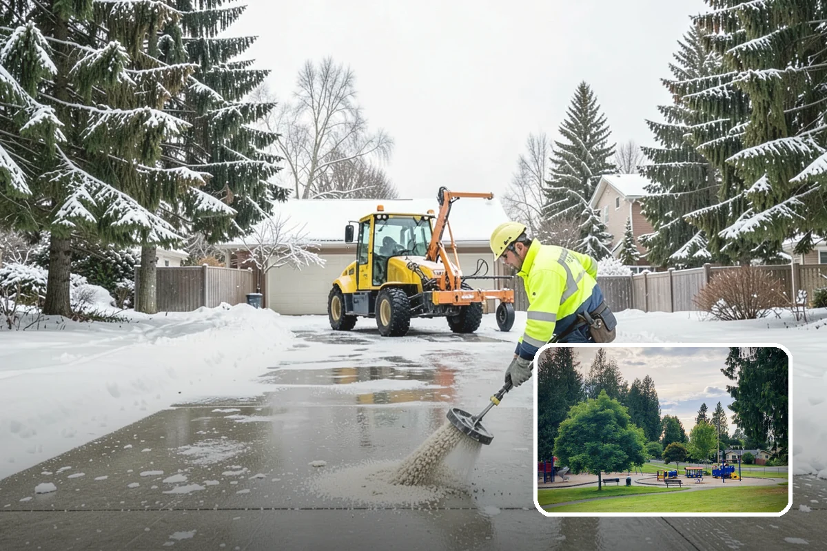 Strip Mall Snow Removal in Bonney Lake, Pierce County, WA - Shared lot and full storefront walkway cleared