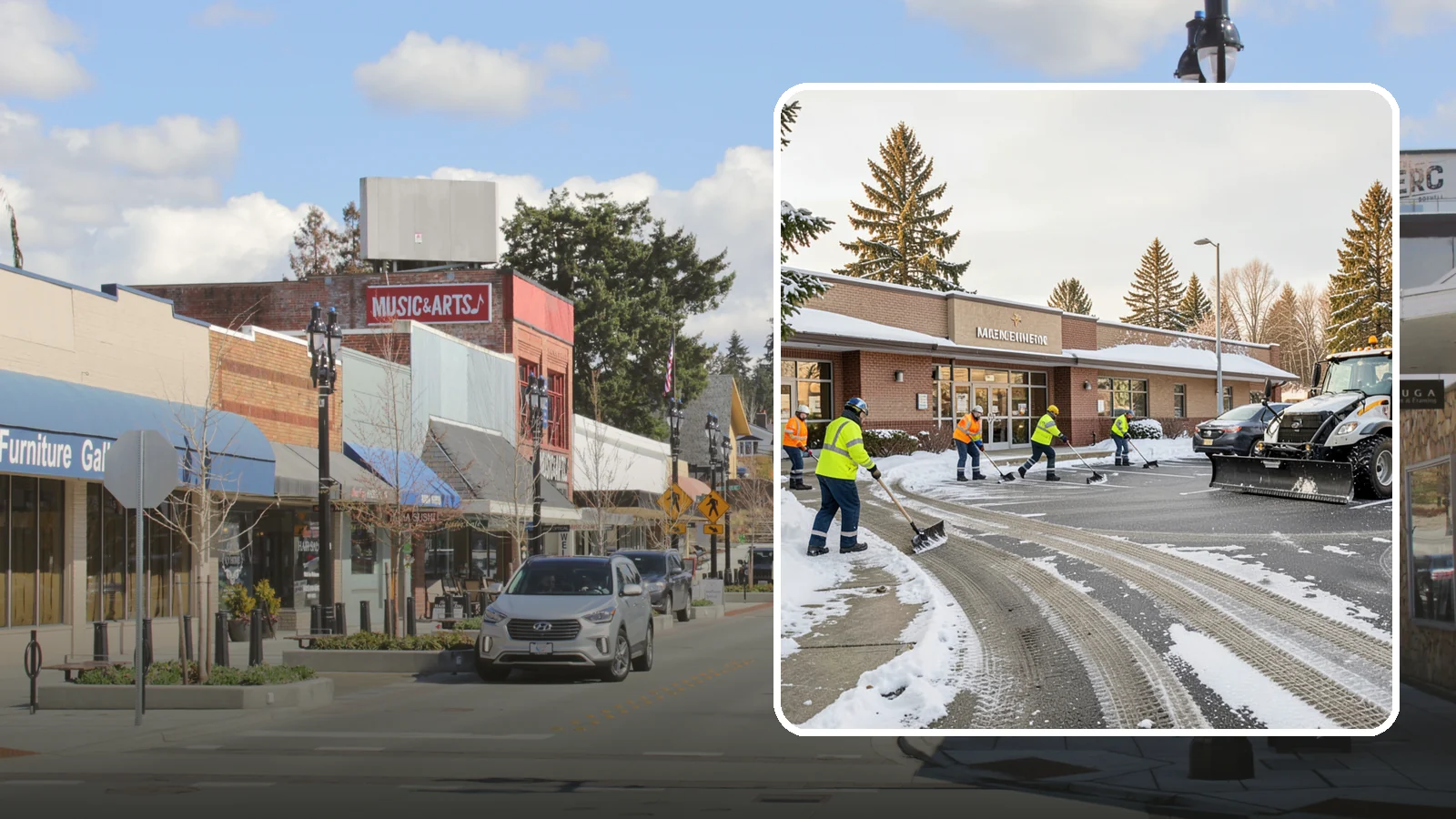 Strip Mall Snow Removal in Bothell, King County, WA - We keep strip-mall storefronts, shared parking, and sidewalks clear so every tenant's customers can reach the door safely.