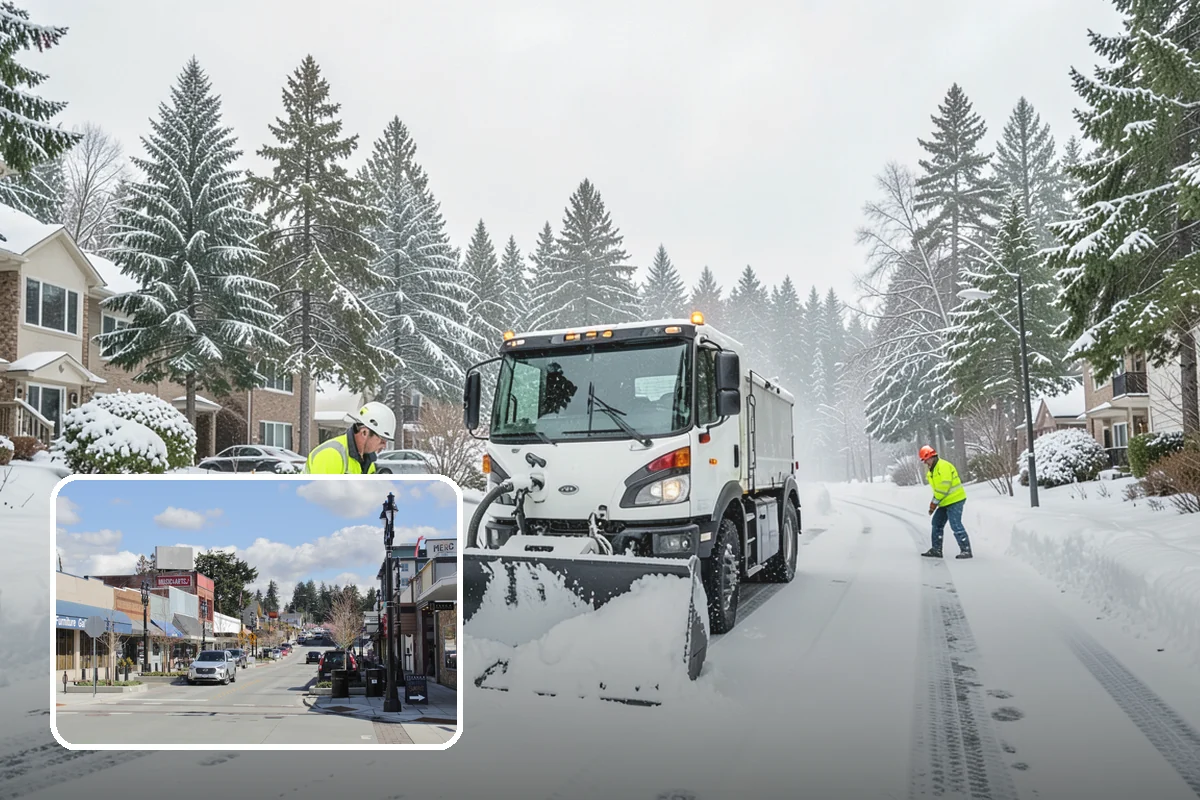 Strip Mall Snow Removal in Bothell, King County, WA - Shared lot and full storefront walkway cleared