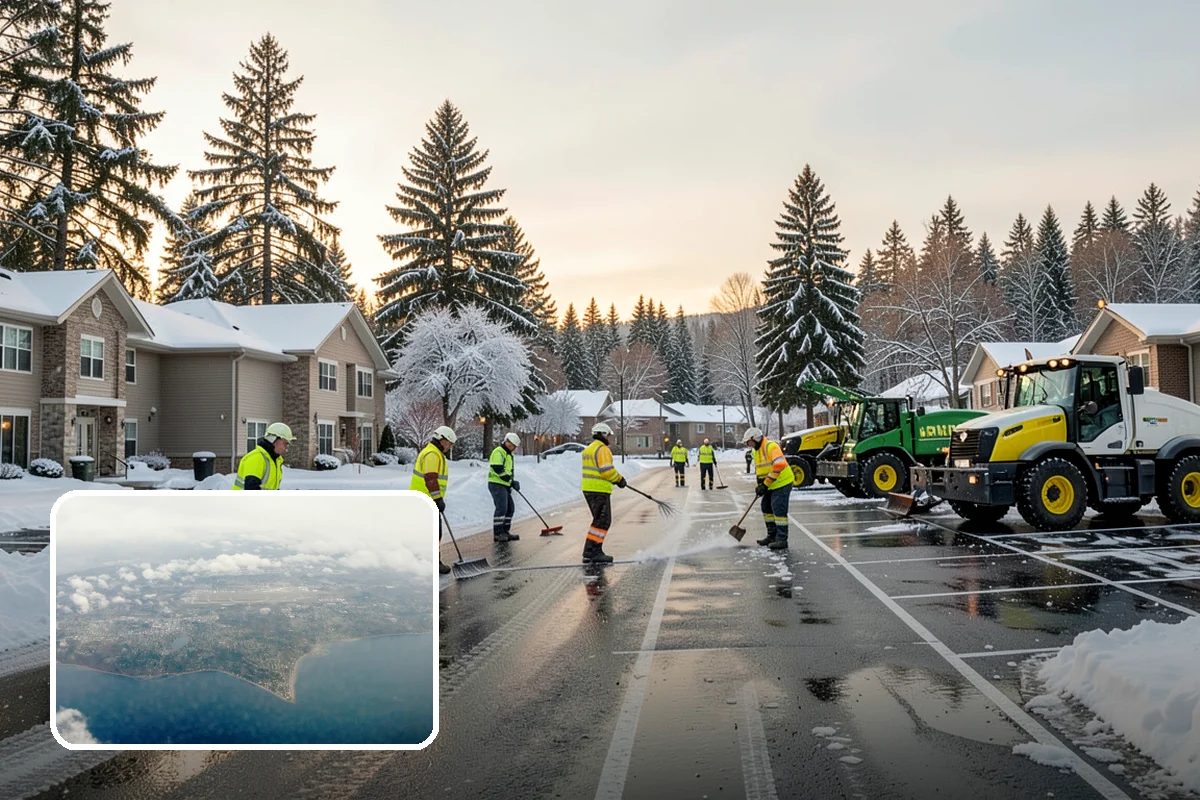 Strip Mall Snow Removal in Burien, King County, WA - Shared lot and full storefront walkway cleared