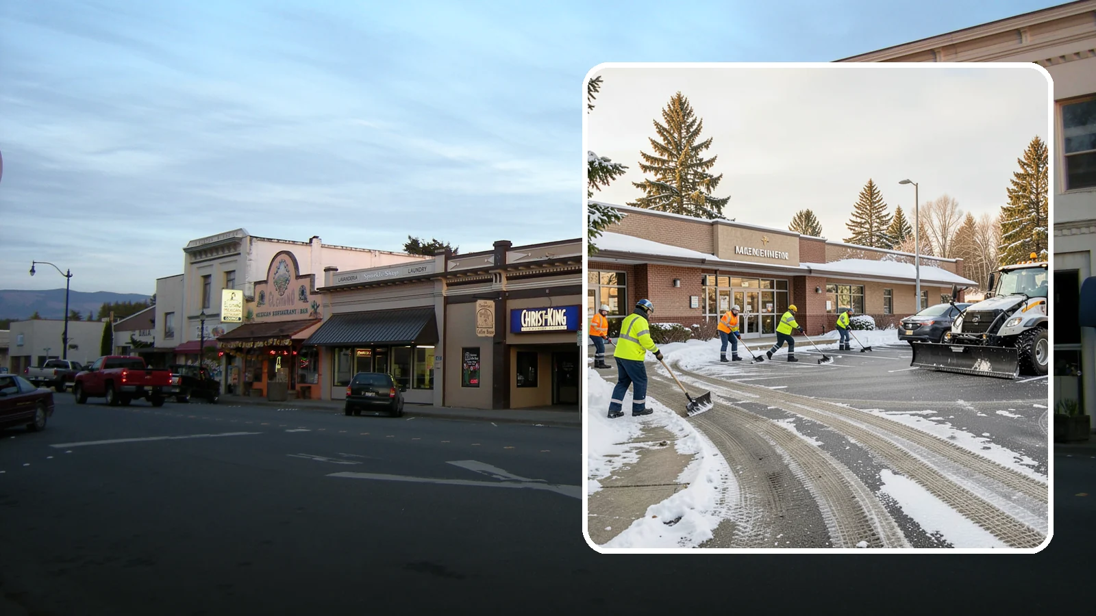 Strip Mall Snow Removal in Burlington, Skagit County, WA - We keep strip-mall storefronts, shared parking, and sidewalks clear so every tenant's customers can reach the door safely.