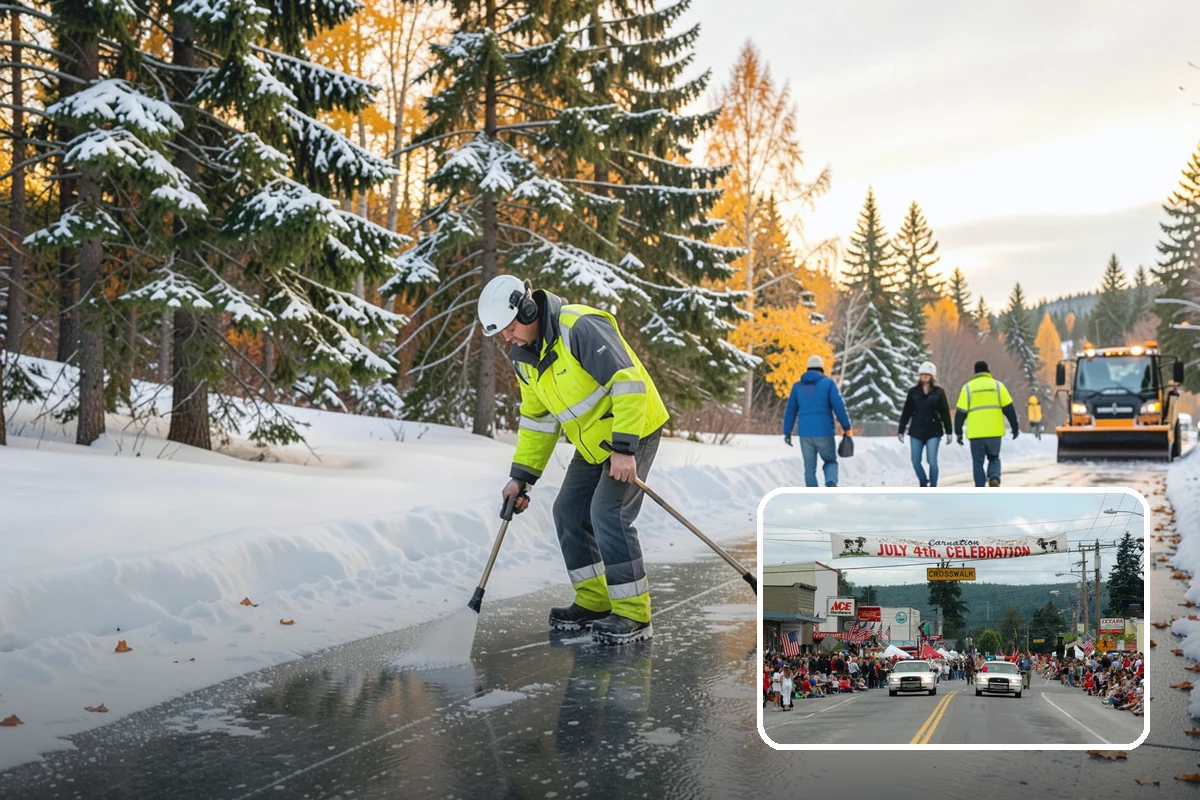 Strip Mall Snow Removal in Carnation, King County, WA - Shared lot and full storefront walkway cleared