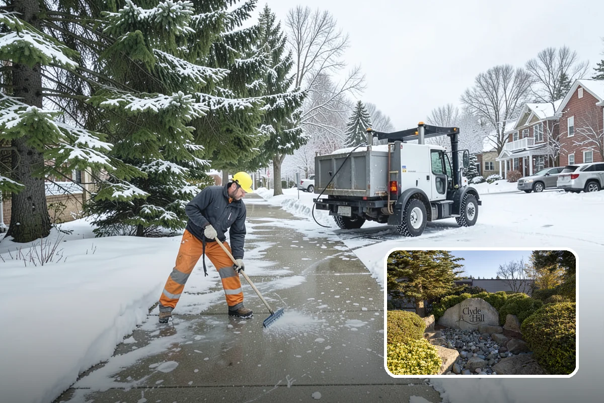 Strip Mall Snow Removal in Clyde Hill, King County, WA - Shared lot and full storefront walkway cleared