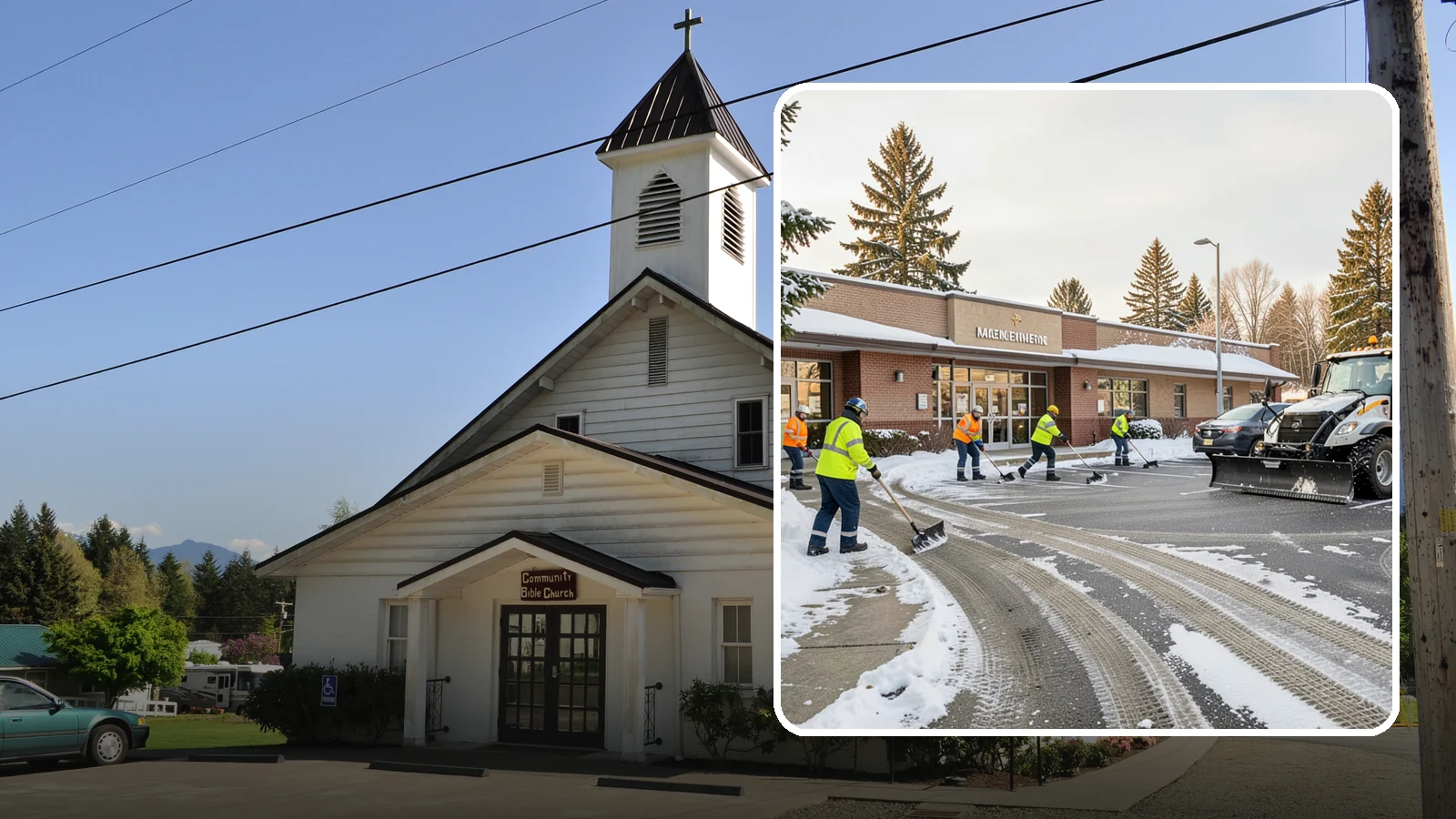 Strip Mall Snow Removal in Concrete, Skagit County, WA - We keep strip-mall storefronts, shared parking, and sidewalks clear so every tenant's customers can reach the door safely.