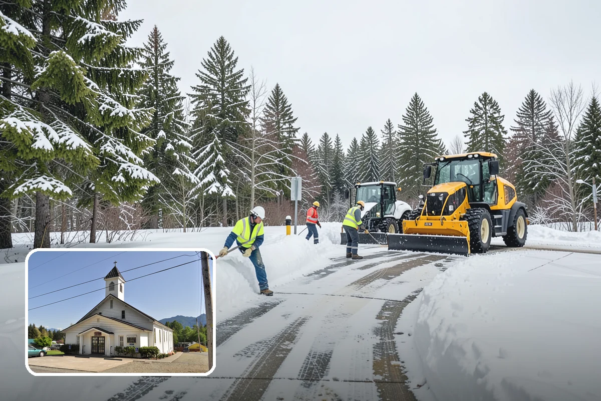 Strip Mall Snow Removal in Concrete, Skagit County, WA - Shared lot and full storefront walkway cleared