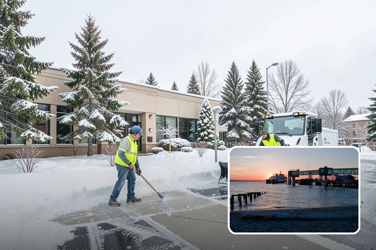 Strip Mall Snow Removal in Edmonds, Snohomish County, WA - Shared lot and full storefront walkway cleared