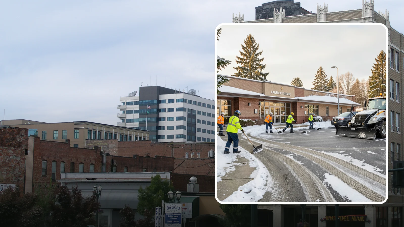 Strip Mall Snow Removal in Everett, Snohomish County, WA - We keep strip-mall storefronts, shared parking, and sidewalks clear so every tenant's customers can reach the door safely.
