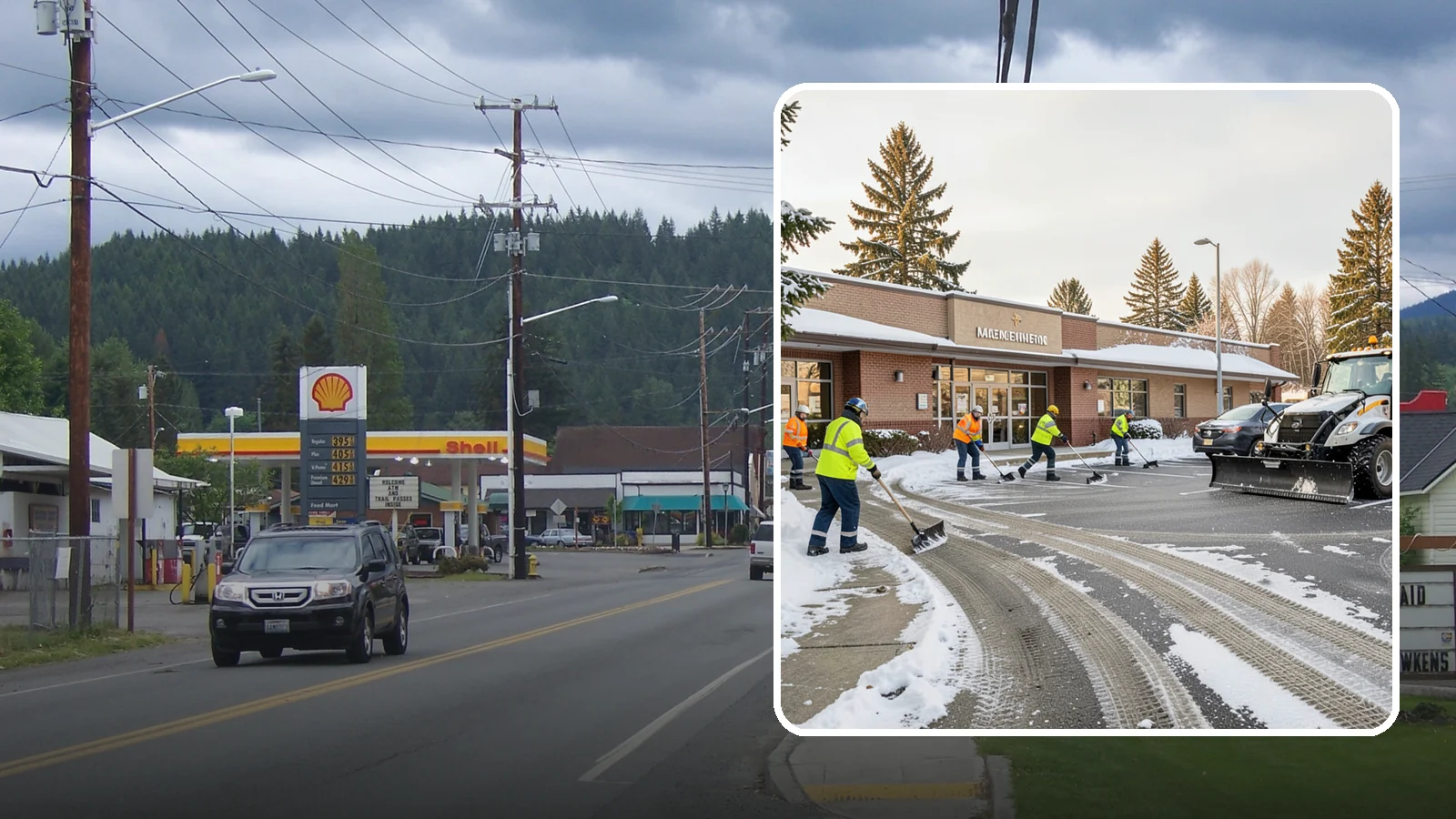 Strip Mall Snow Removal in Granite Falls, Snohomish County, WA - We keep strip-mall storefronts, shared parking, and sidewalks clear so every tenant's customers can reach the door safely.