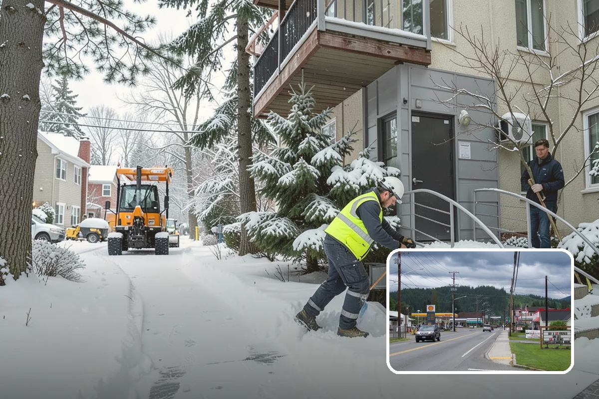 Strip Mall Snow Removal in Granite Falls, Snohomish County, WA - Shared lot and full storefront walkway cleared