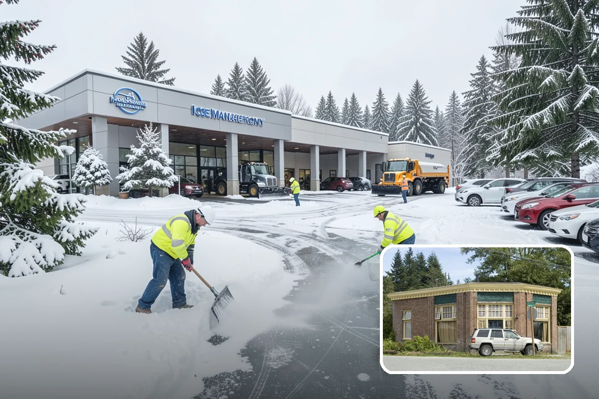 Strip Mall Snow Removal in Hamilton, Skagit County, WA - Shared lot and full storefront walkway cleared