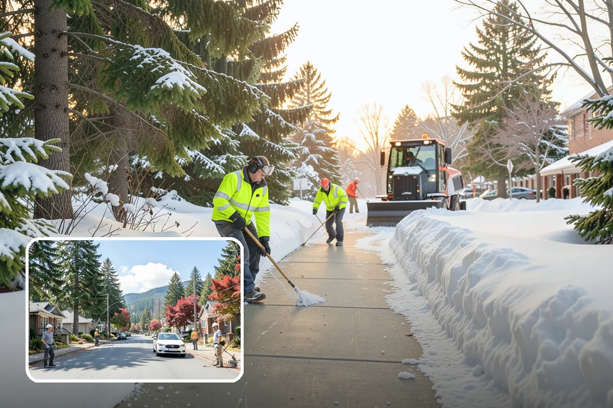 Strip Mall Snow Removal in Hunts Point, King County, WA - Shared lot and full storefront walkway cleared