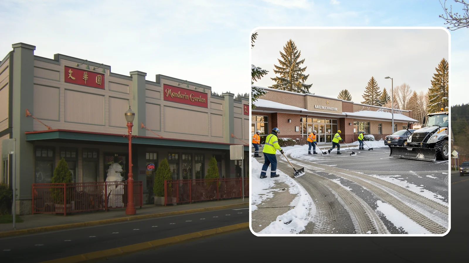 Strip Mall Snow Removal in Issaquah, King County, WA - We keep strip-mall storefronts, shared parking, and sidewalks clear so every tenant's customers can reach the door safely.