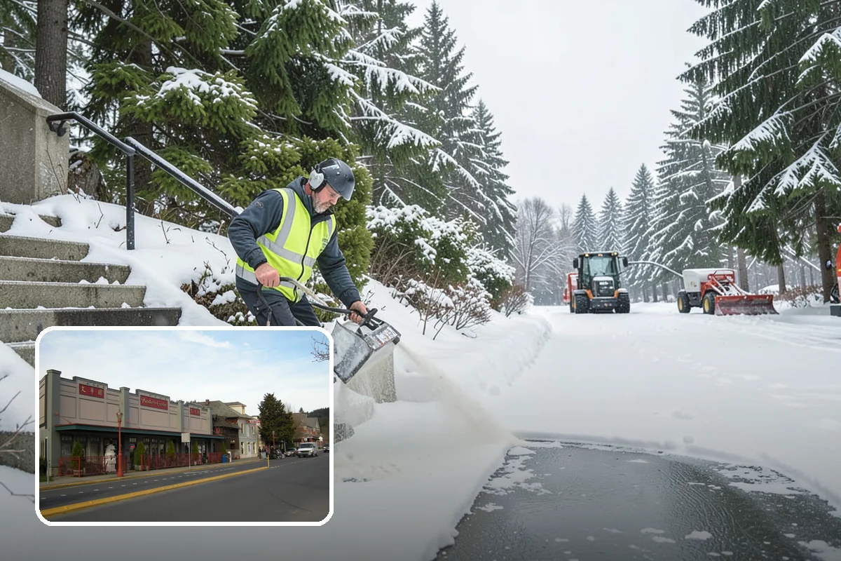 Strip Mall Snow Removal in Issaquah, King County, WA - Shared lot and full storefront walkway cleared