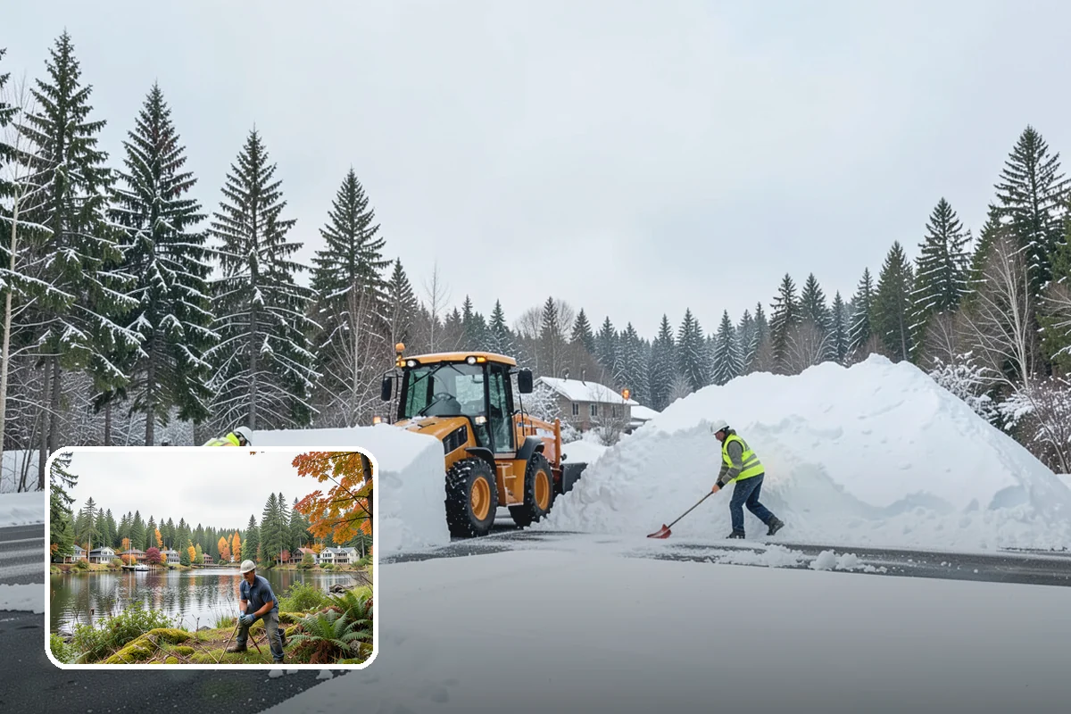 Strip Mall Snow Removal in La Conner, Skagit County, WA - Shared lot and full storefront walkway cleared