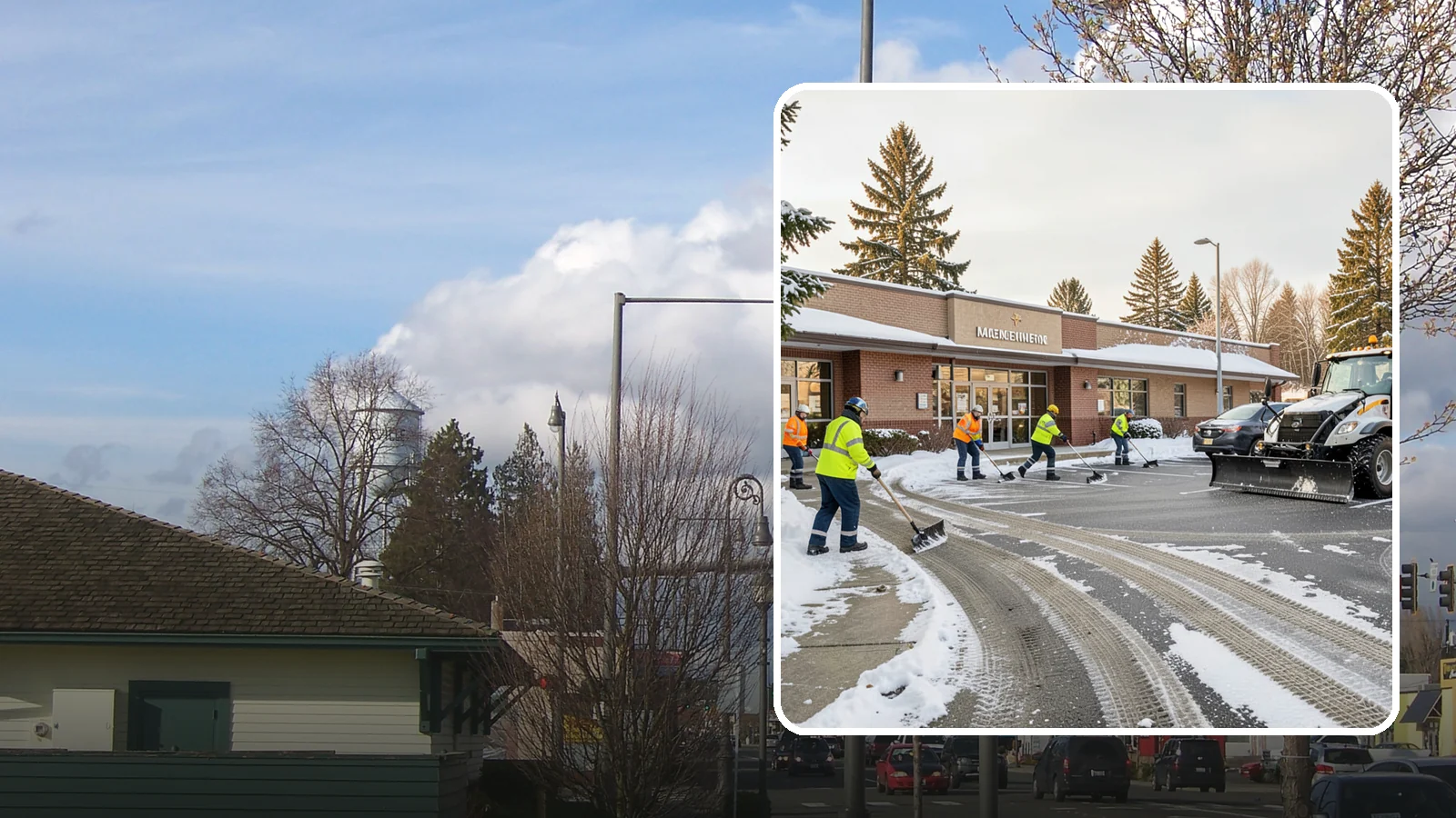 Strip Mall Snow Removal in Marysville, Snohomish County, WA - We keep strip-mall storefronts, shared parking, and sidewalks clear so every tenant's customers can reach the door safely.