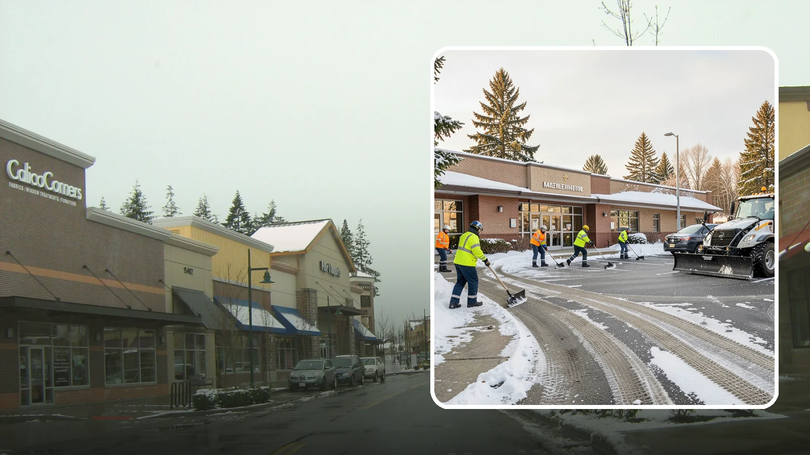 Strip Mall Snow Removal in Mill Creek, Snohomish County, WA - We keep strip-mall storefronts, shared parking, and sidewalks clear so every tenant's customers can reach the door safely.