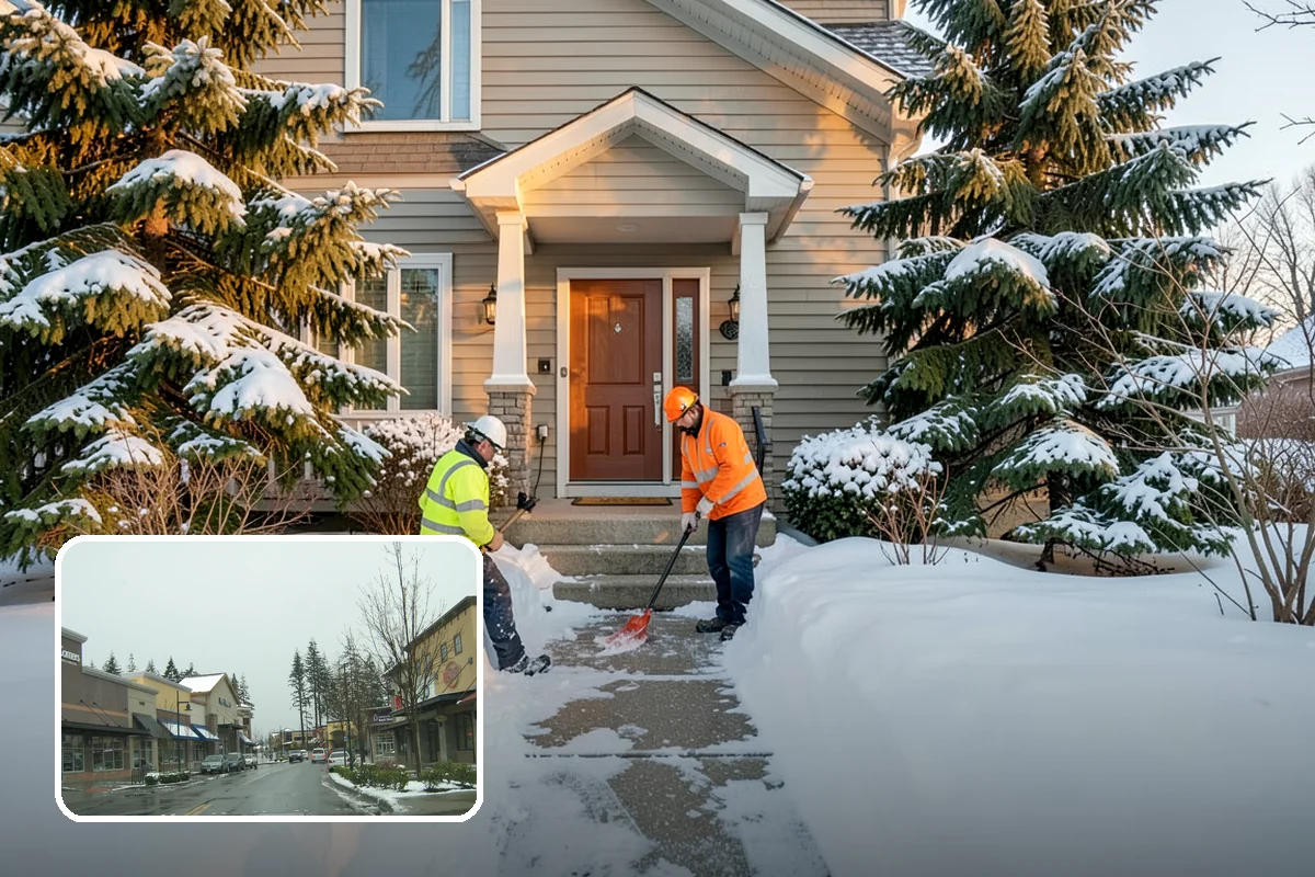 Strip Mall Snow Removal in Mill Creek, Snohomish County, WA - Shared lot and full storefront walkway cleared