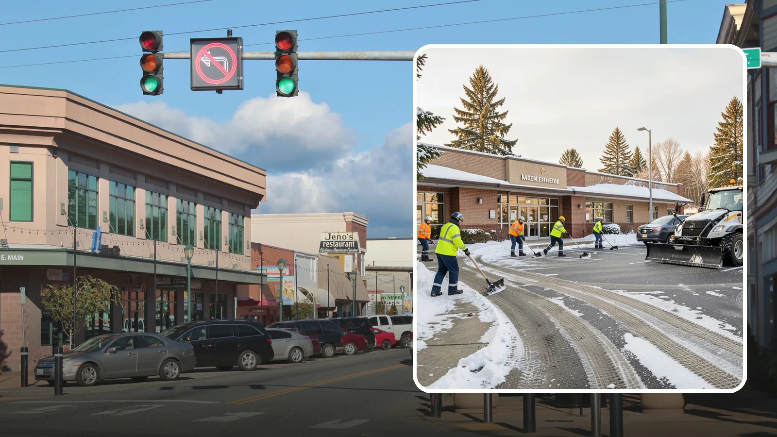 Strip Mall Snow Removal in Monroe, Snohomish County, WA - We keep strip-mall storefronts, shared parking, and sidewalks clear so every tenant's customers can reach the door safely.